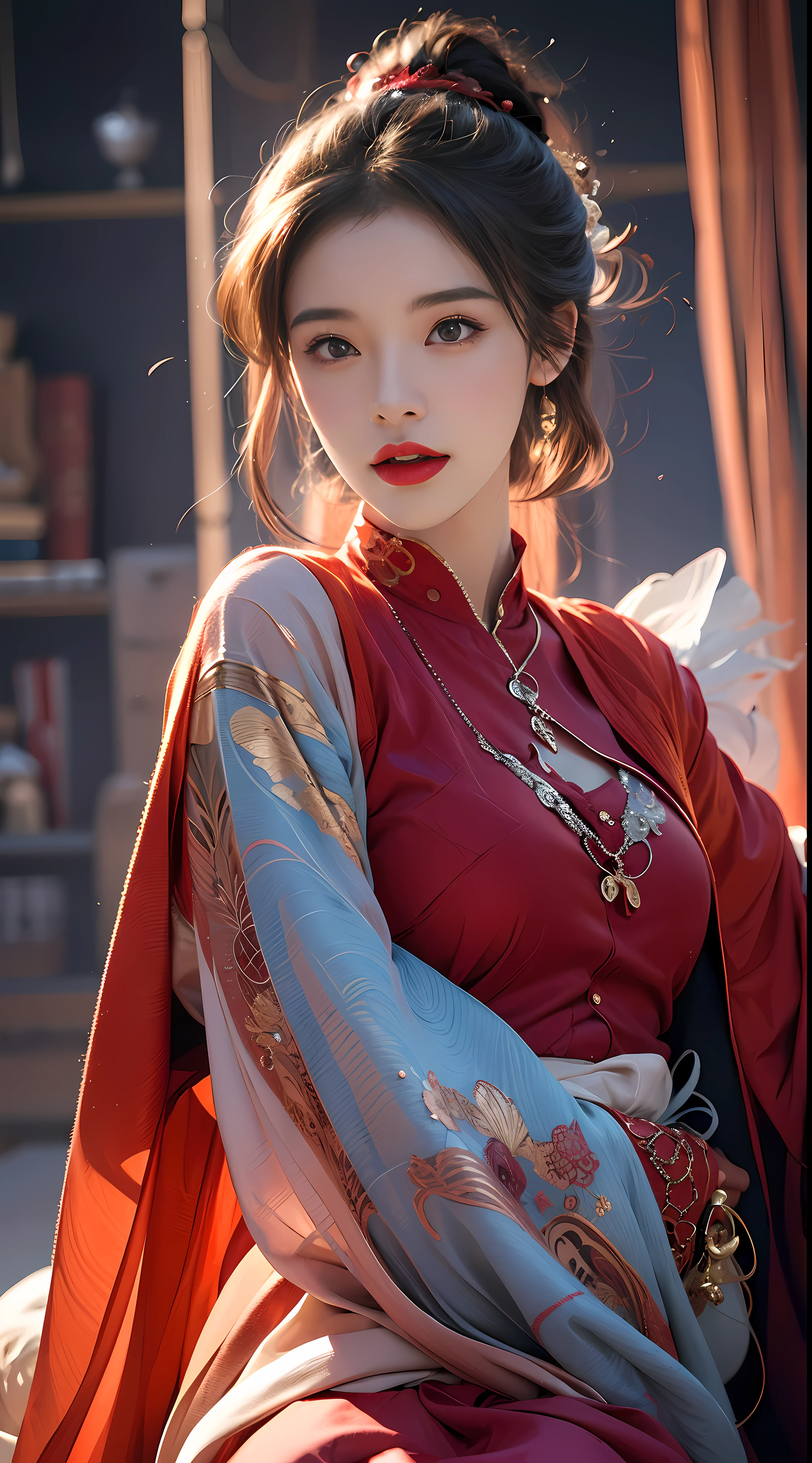 A woman in a red coat sitting on a chair with a dragon, popular on ArtStation Pixiv, detailed anime artwork, detailed digital anime art, complex gorgeous anime CGI style, guvez on pixiv art station, guvez on pixiv, anime fantasy illustration, detailed anime art, clean detailed anime art, detailed key anime art, red lip micro-open, nude