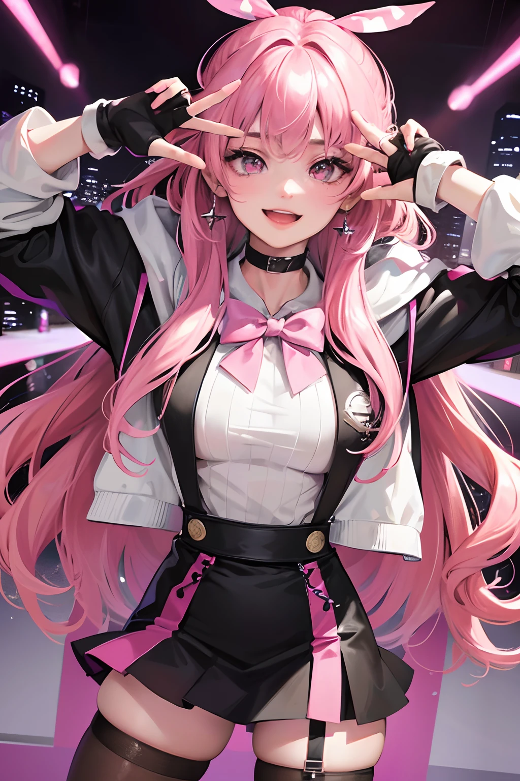 Masterpiece, Best quality, stars, Cityscape, intense shading, Realistic, Real, incredibly_absurderes, the wallpaper, Colorful, Girl, Long hair, Pink hair, Wavy hair, view the viewer, Laughing, excited, ribbed sweater, Hoodie , Miniskirt, White pantyhose, bow, Hair_bow, Pink choker , Elbow gloves , half gloves , Earrings, Spread legs,