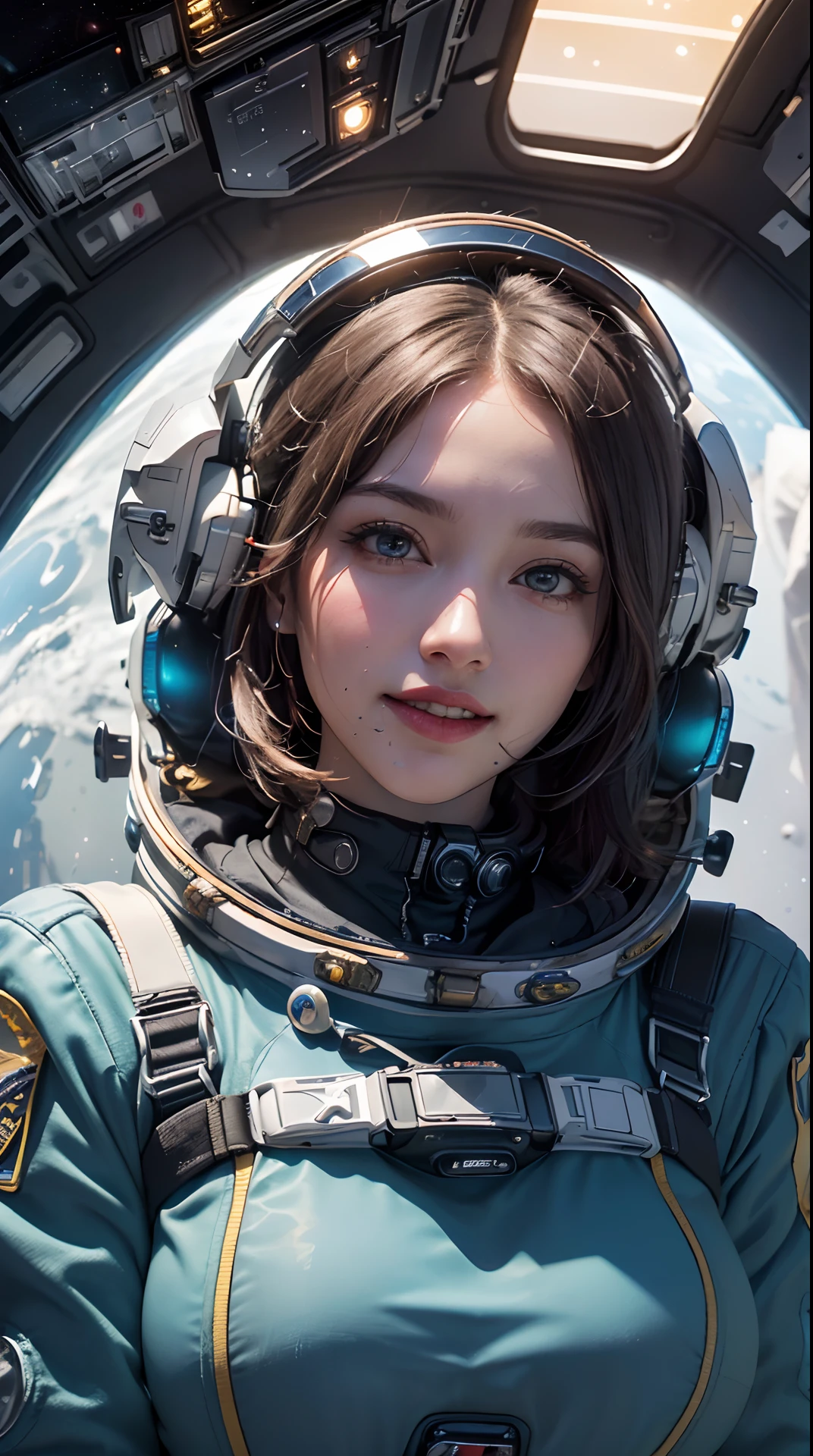 (best quality,4k,8k,highres,masterpiece:1.2), ultra-detailed, (realistic,photorealistic,photo-realistic:1.37), (beautiful detailed eyes, beautiful detailed lips, extremely detailed eyes and face, long eyelashes), studio lighting,physically-based rendering,vivid colors, (big tits, super big tits, super extra big tits:0.8), (back, hips:1.2), (portrait, giggle:1.5), (space punk, space suits, metallic materials, sharp and futuristic designs, geometric patterns, transitions, three-dimensional elements, LED lights, hardware decorations, glow-in-the-dark elements, futuristic helmets, transparent visors, LED lights, heads-up displays, patches and emblems representing aerospace organizations and space exploration missions, advanced functionality, breathability, temperature control, water resistance, survival in space environments Characteristics:1.2), (space ship, cockpit:1.5),