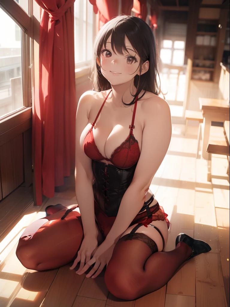 ultra-quality, ultla highres, Hyper Detailed, High contrast, Ultrafine Strike, creative refinement,A dark-haired,Red lingerie,ssmile,Red corset,Red garter belt,Show Pub