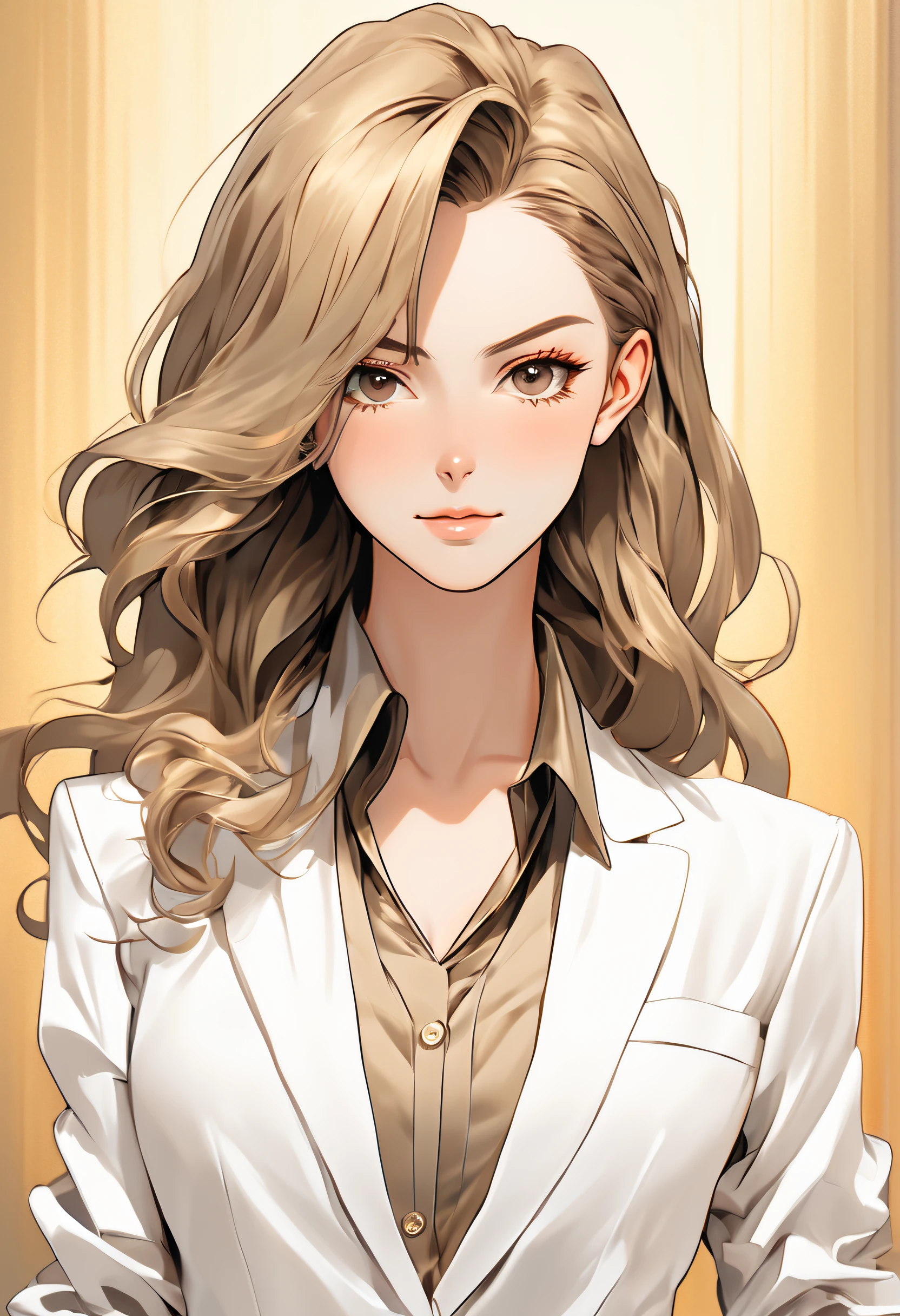 Anime girl in a white suit, Front-facing portrait, Long hair, Professional woman, V-neck shirt set, Fine-stroke style, cartoon realism, in the style of light bronze and light black, office backdrop, Colorful cartoon style