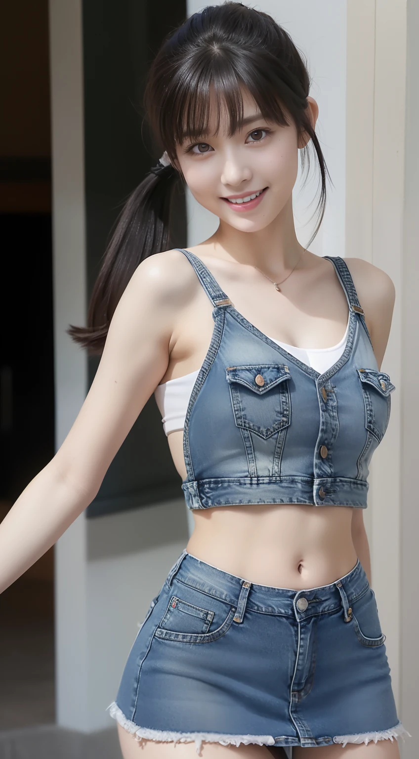 A scene of a beautiful woman wearing a colorful sleeveless top and denim shorts waving with a big smile on a sunny day