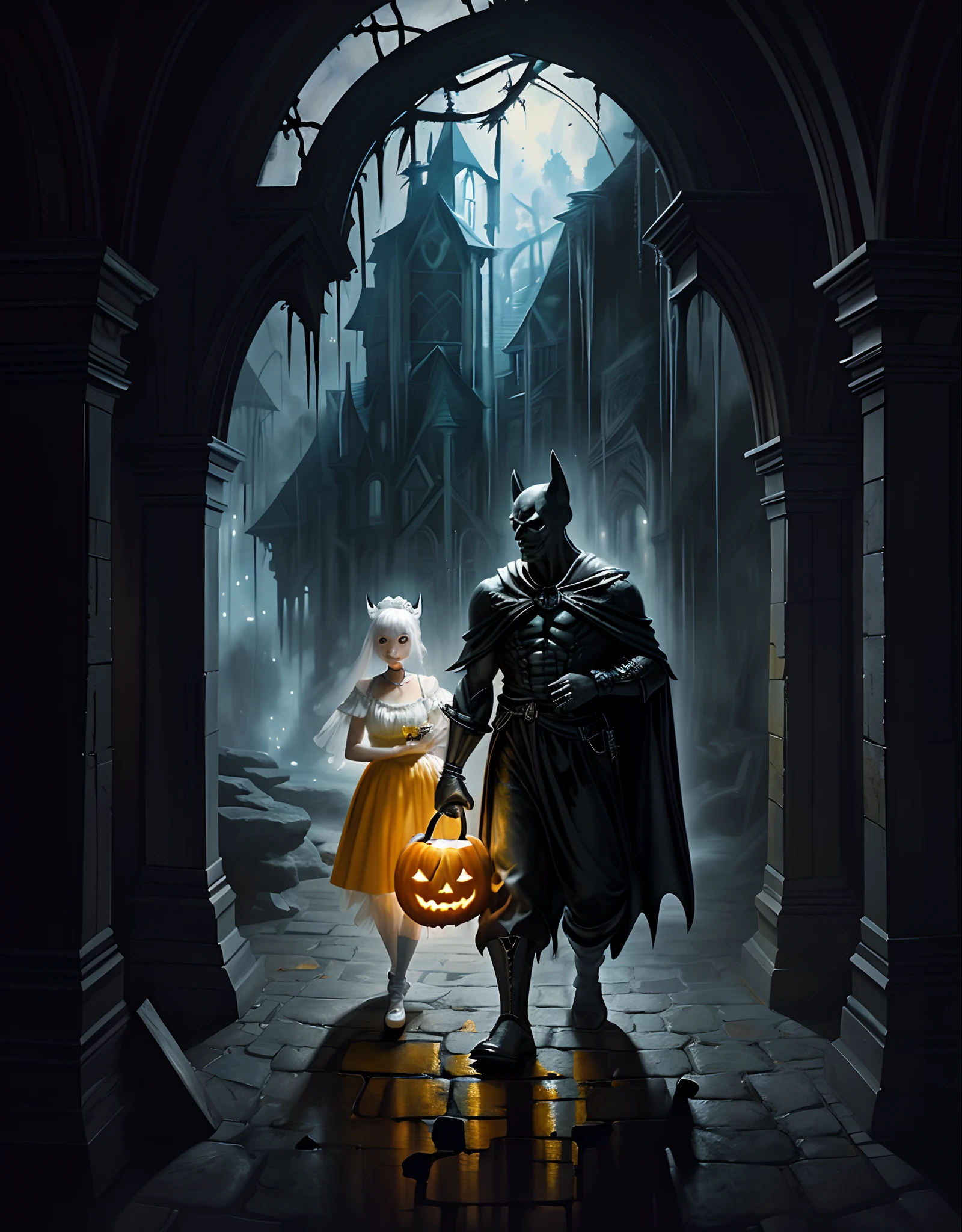 （The girl carries a bat on her left shoulder，He carries a large pumpkin on his right shoulder），Movie poster for Halloween girls, Cartoon, Cute, Fox, Background: Bat Castle, Blue-purple, Yellow light, the bats,,Photography,Clear facial features,concept art of character,Game scene graph,Aubrey Beardsley（Aubrey Beardsley）a beautiful painting,Franz Klein,Pixar style,Vinyl figures,Caricature,illustration,Masterpiece,Cave art,Matte painting,wet paint,magic realism,Blame the core,Fever-Dream,Cartoon,anime big breast,Manga,kawaii,Horror anime,Image courtesy of Mario Bawa（Mario Bava）of works,mystical ambiance,Refined atmosphere,Intense atmosphere, Festive atmosphere, Gothic Atmosphere, illusory engine,Quixel Megascans Render,v-ray,UE5,Depth of field (degrees of freedom),full bodyesbian,Medium Shot Shot,Mood lighting, --Original style --Glass