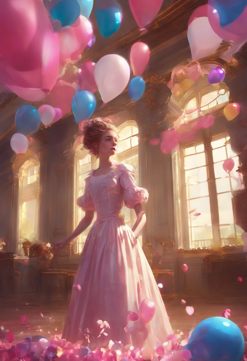 Girl with balloons around, rolling eyes, hair flower, rococo style, Conceptual art, interior architecture, rococo style, cinematic lighting, glowing light, sparkle, first-person view, UHD, anatomically correct