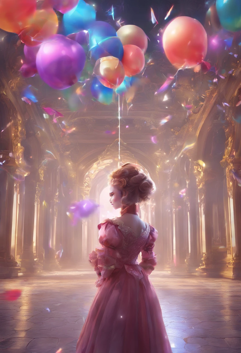 Girl with balloons around, rolling eyes, hair flower, rococo style, Conceptual art, interior architecture, rococo style, cinematic lighting, glowing light, sparkle, first-person view, UHD, anatomically correct