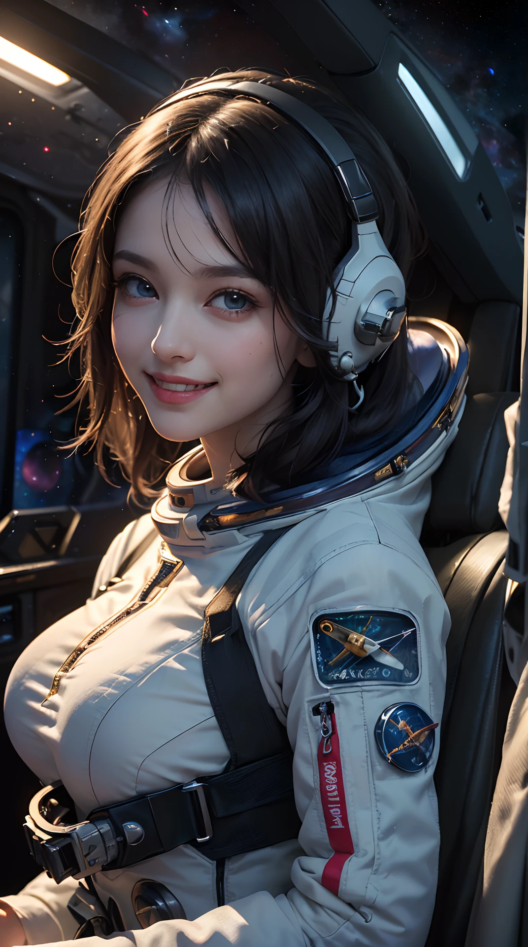 (best quality,4k,8k,highres,masterpiece:1.2), ultra-detailed, (realistic,photorealistic,photo-realistic:1.37), (beautiful detailed eyes, beautiful detailed lips, extremely detailed eyes and face, long eyelashes), studio lighting,physically-based rendering,vivid colors, (big tits, super big tits, super extra big tits:0.8), (back, hips:1.2), (portrait, smile and laugh:1.5), (space punk, space suits, metallic materials, sharp and futuristic designs, geometric patterns, transitions, three-dimensional elements, LED lights, hardware decorations, glow-in-the-dark elements, futuristic helmets, transparent visors, LED lights, heads-up displays, patches and emblems representing aerospace organizations and space exploration missions, advanced functionality, breathability, temperature control, water resistance, survival in space environments Characteristics:1.2), (space ship, spacious cockpit:1.5),