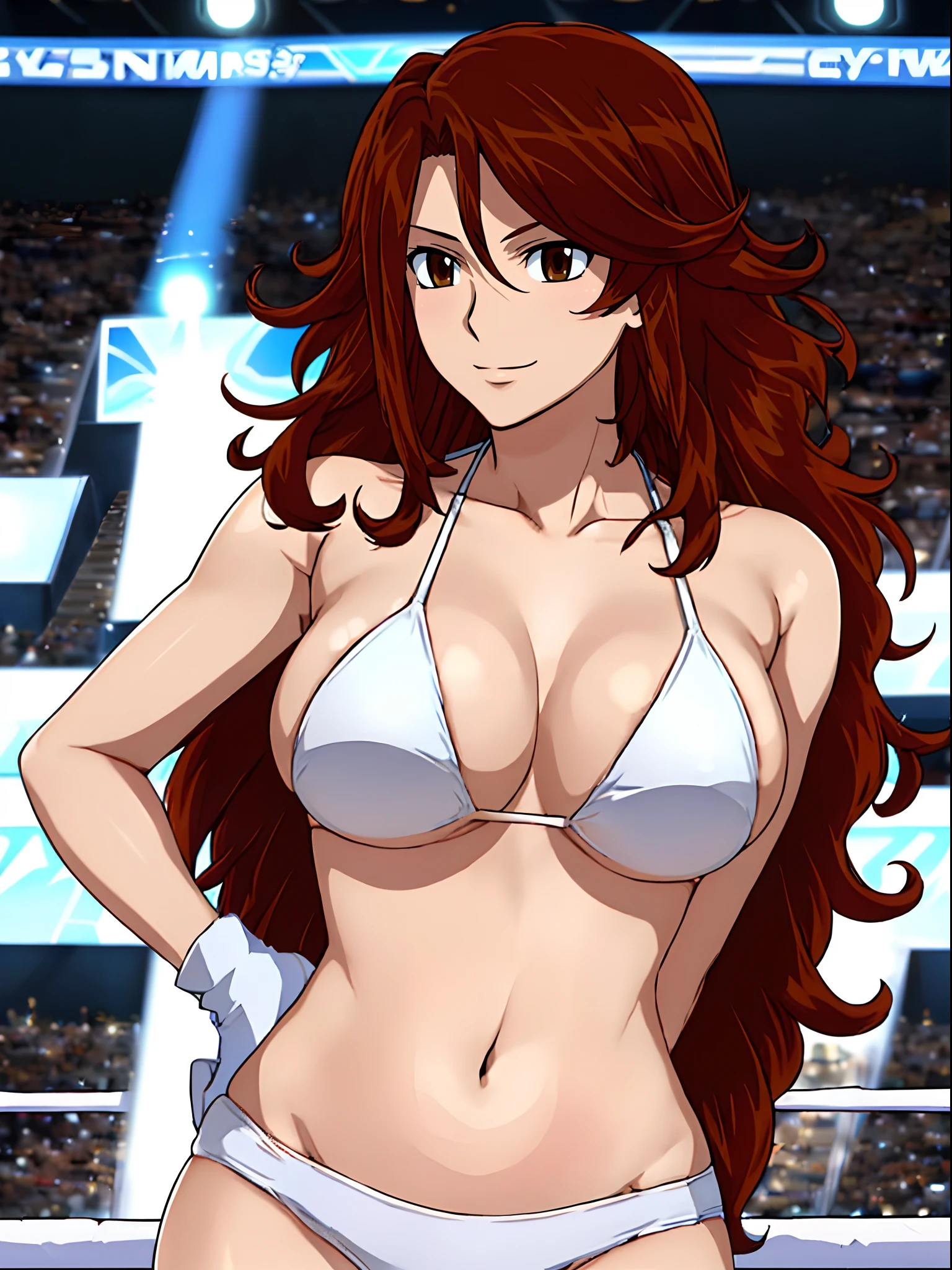 hug, Elegant lady, (upper body only), anime style: 1.8, anime drawing, ultra detailed face, ultra detailed body, 4k, Sumergai Lee Noriega, (LYING ON arena), best quality, anime style, hires, highest definition, digital blending, bold drawing lines, ((wwe diva), (location: wrestling arena, crowds watching), ( slim body, (little biceps), , off-shoulders, closed fists, (curvy: 2.8)), ((TORN bikini , white gloves, collar, armpit protector, (chaps))), victorious, winner, gentle, (pale skin, shiny skin, very big breasts, smile), (big eyes, brown eyes), (clapping), (brown hair, loose hair, curly hair, wavy hair, long hair, missy hair), 27 years old,