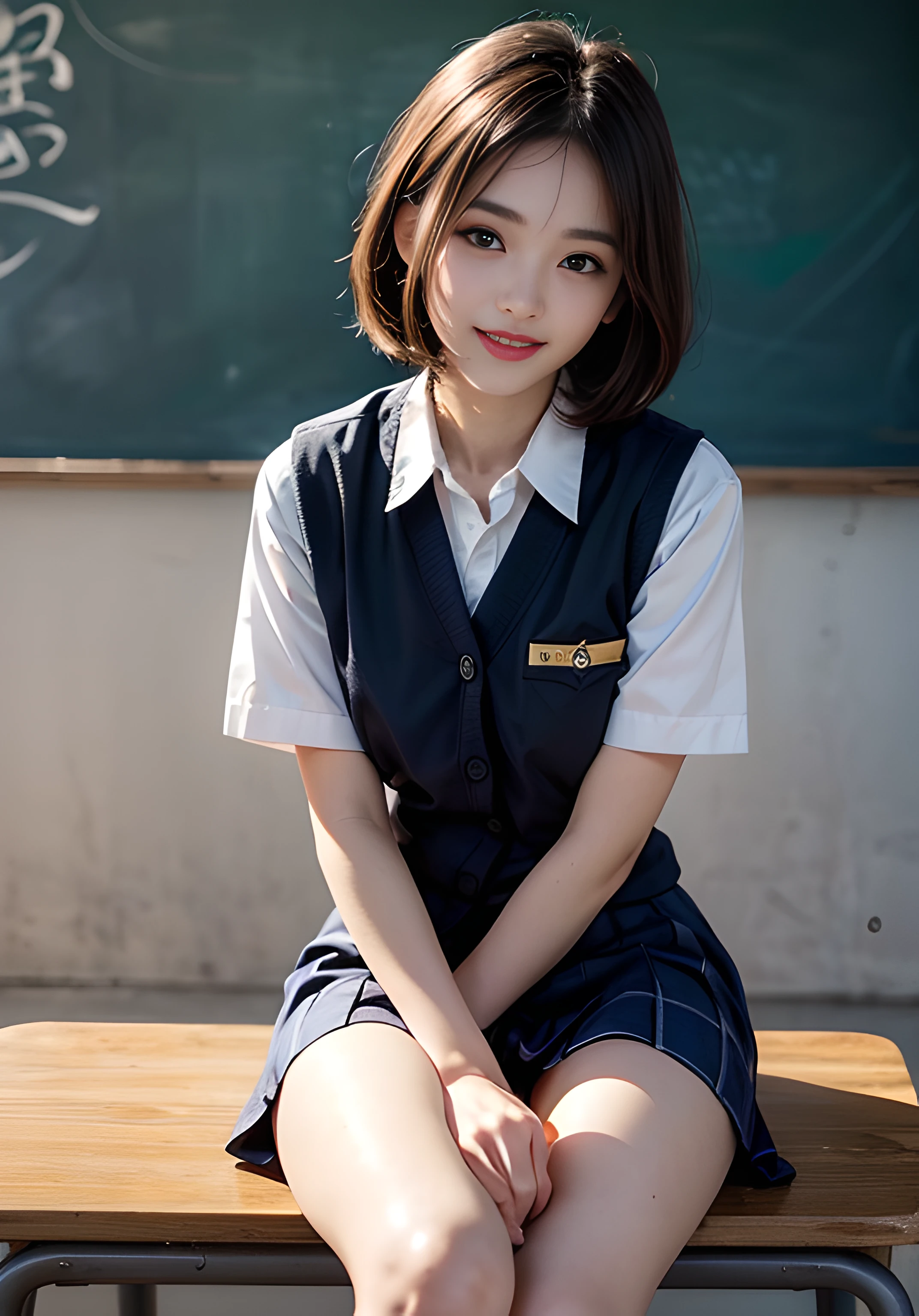 Smile, white shirt, dark blue skirt, café