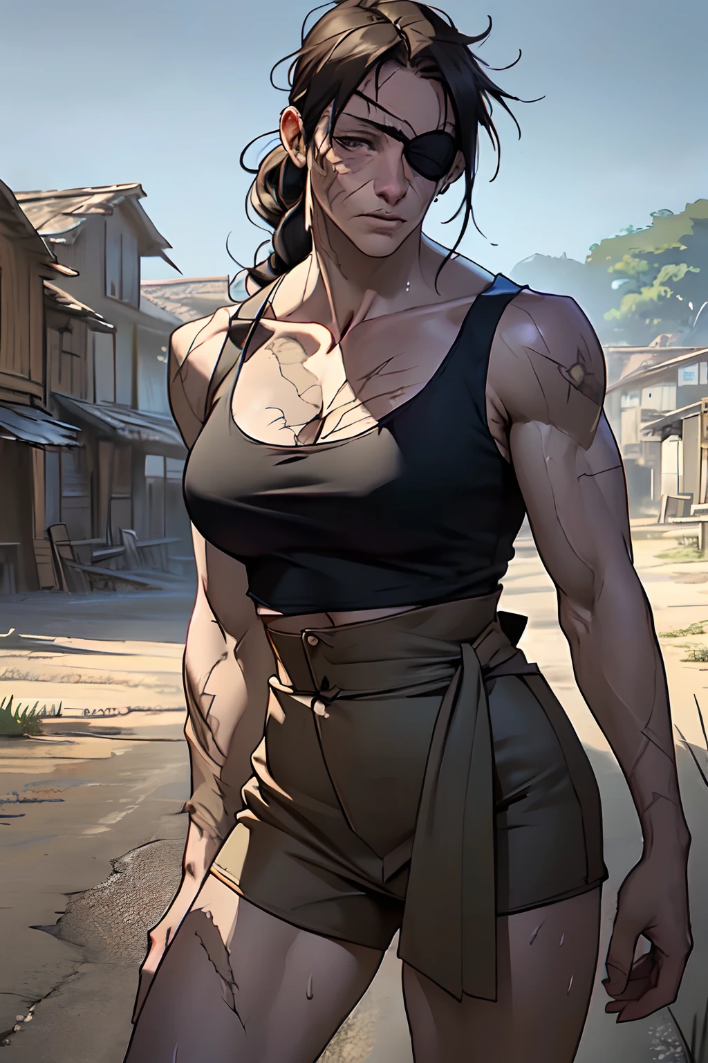 ((Best quality)), ((masterpiece)), ((realistic)), ((beautiful female mercenary)), (milf:1.4), (face scars:1.4), Scars on her body, sweat, strength, perfect perspective, highly detailed, summer landscape, scenic, a true masterpiece, tall, slender, in shape, fitness, ((female focus)), woman, tomboy, marimacho, (eye patch:1.1), very thin waist, huge hips, upper boddy