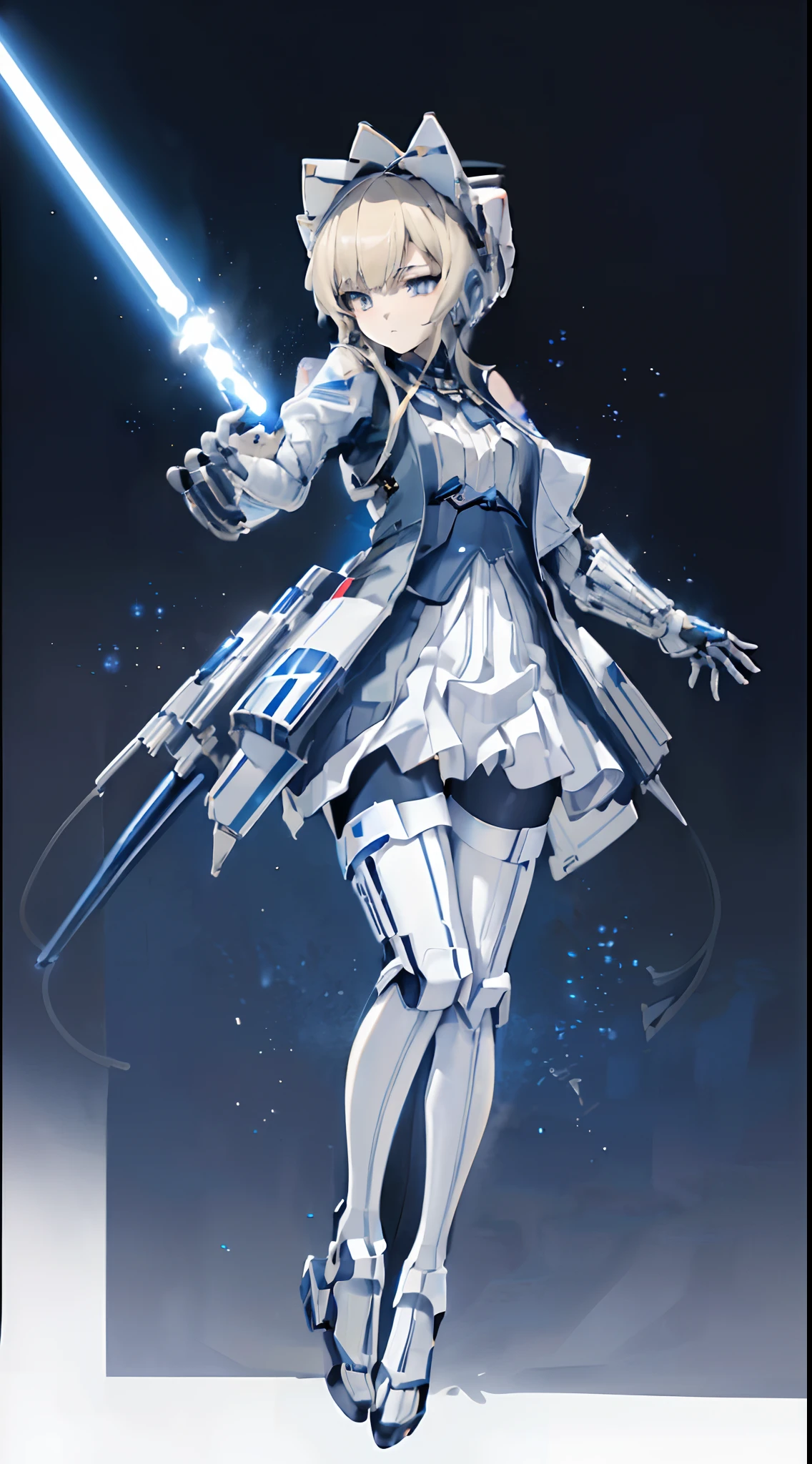 1girll,sandrone,Blonde hair , Hat,(((Serious expressions)))，(((Cyber tech clothing)))，(((wearing jetpack)))，(((white stockings)))，((((Show off your speed))))，((((floating in air)))),((((In his right hand, He was holding a blue lightsaber))))