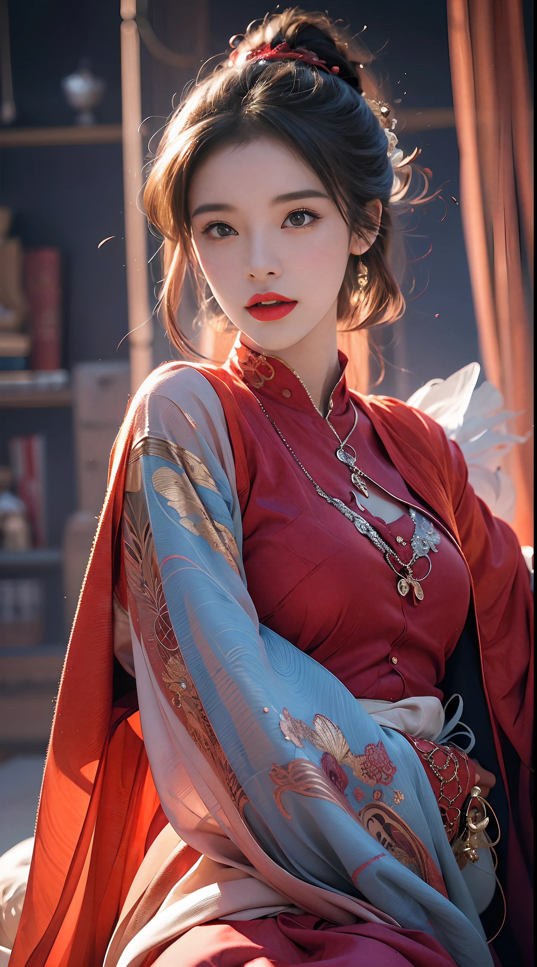 A woman in a red coat sitting on a chair with a dragon, popular on ArtStation Pixiv, detailed anime artwork, detailed digital anime art, complex gorgeous anime CGI style, guvez on pixiv art station, guvez on pixiv, anime fantasy illustration, detailed anime art, clean detailed anime art, detailed key anime art, red lip micro-open, nude