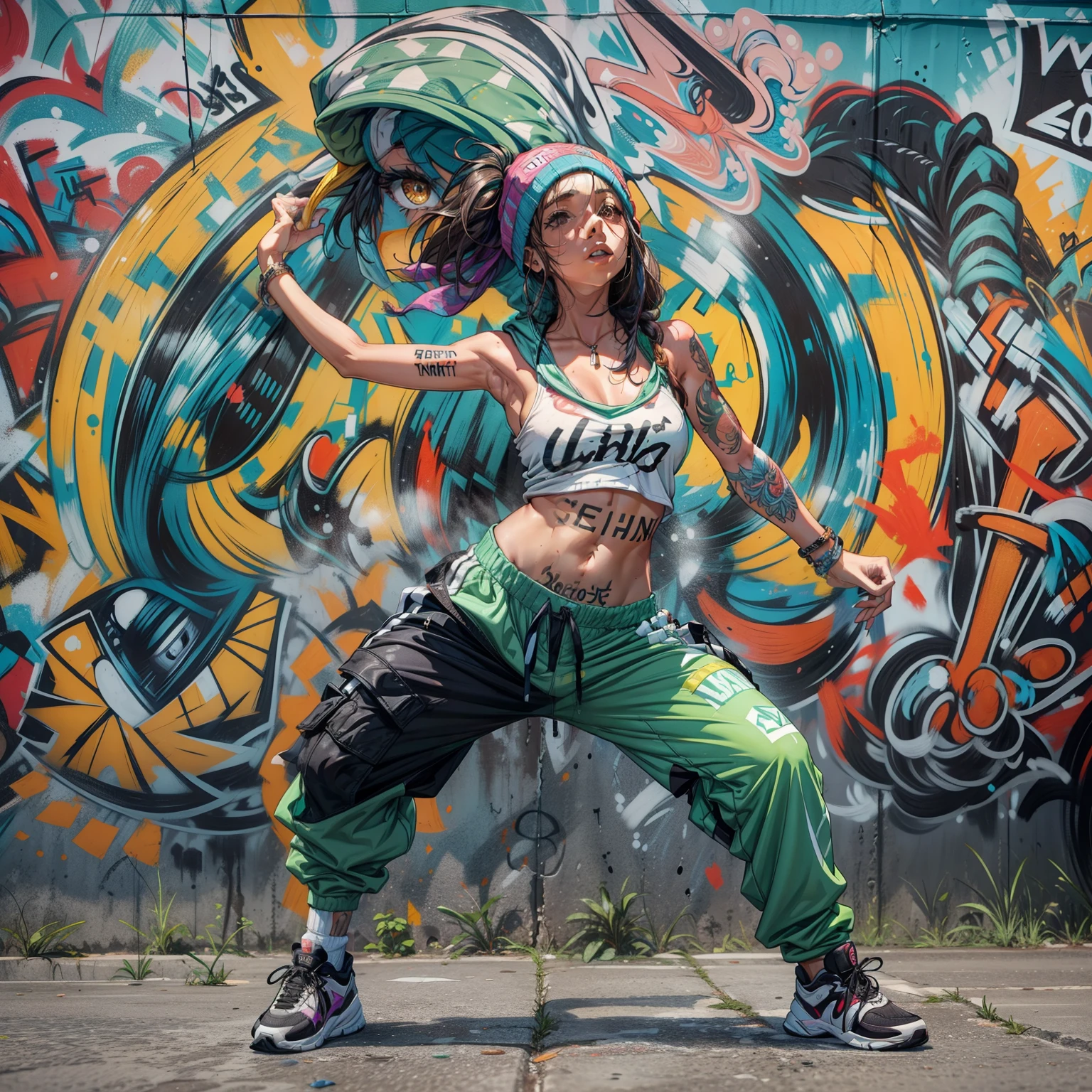 una chica realista tatuada cuerpo fino haciendo break dance en la calle delante de un muro de grafiti, la chica es joven y esta vestida con un estilo rapero, A cap, a short, wide top that shows off her belly button, and baggy pants She also wears a scarf covering her mouth, The scarf covers your entire face except your eyes , tiene los ojos verdes detallados con mirada desafiante y punzante, esta haciendo una pirueta complicada de break dance, (8k)