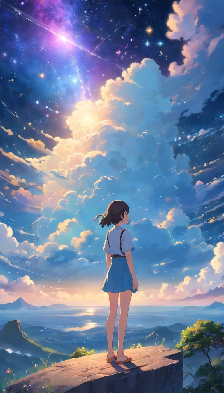 Step into a world of wonder and ethereal beauty, where reality and dreams intertwine. Visualize an awe-inspiring scene - a breathtaking view of A giant white hand among the clouds extended to the girl, shimmering brilliantly above a blanket of fluffy clouds. In the foreground, a young girl stands on a cloud, her silhouette poised against the celestial panorama. BREAK Describe the girl's stance as she gazes up at the vast expanse of twinkling stars, capturing her sense of awe and reverence. Explore the emotions evoked by the scene - a mix of wonder, curiosity, and a deep connection to the vastness of the universe. Consider the significance of this moment for the girl - is she contemplating her place in the cosmos, seeking solace or inspiration, or perhaps embarking on a celestial journey of her own? BREAK Craft a brief narrative or evoke a sense of atmosphere, using evocative language to emphasize the surreal and otherworldly nature of the scene. Explore the interplay between the tangible and the intangible - the solid cloud beneath her feet contrasting with the infinite expanse of stars above. Consider incorporating sensory details such as the soft touch of the cloud, the sound of distant celestial music, or the faint scent of stardust in the air.