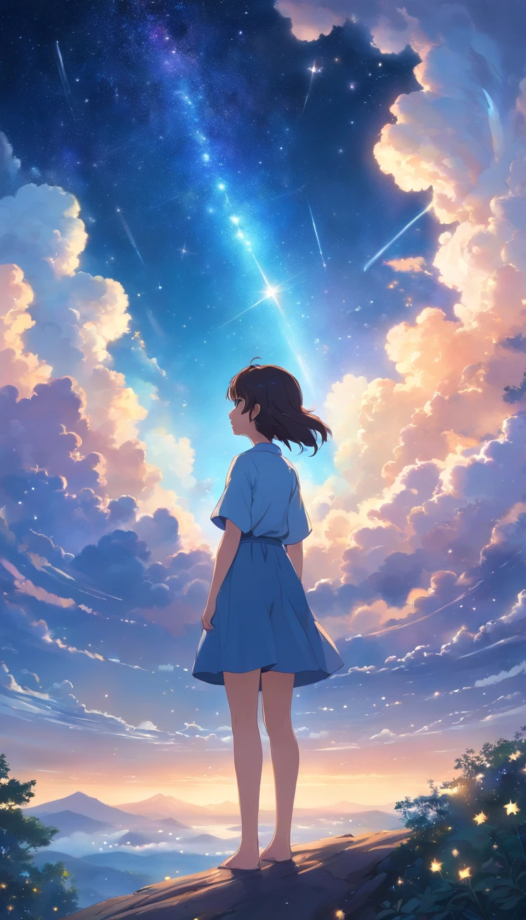 Step into a world of wonder and ethereal beauty, where reality and dreams intertwine. Visualize an awe-inspiring scene - a breathtaking view of A giant white hand among the clouds extended to the girl, shimmering brilliantly above a blanket of fluffy clouds. In the foreground, a young girl stands on a cloud, her silhouette poised against the celestial panorama. BREAK Describe the girl's stance as she gazes up at the vast expanse of twinkling stars, capturing her sense of awe and reverence. Explore the emotions evoked by the scene - a mix of wonder, curiosity, and a deep connection to the vastness of the universe. Consider the significance of this moment for the girl - is she contemplating her place in the cosmos, seeking solace or inspiration, or perhaps embarking on a celestial journey of her own? BREAK Craft a brief narrative or evoke a sense of atmosphere, using evocative language to emphasize the surreal and otherworldly nature of the scene. Explore the interplay between the tangible and the intangible - the solid cloud beneath her feet contrasting with the infinite expanse of stars above. Consider incorporating sensory details such as the soft touch of the cloud, the sound of distant celestial music, or the faint scent of stardust in the air.