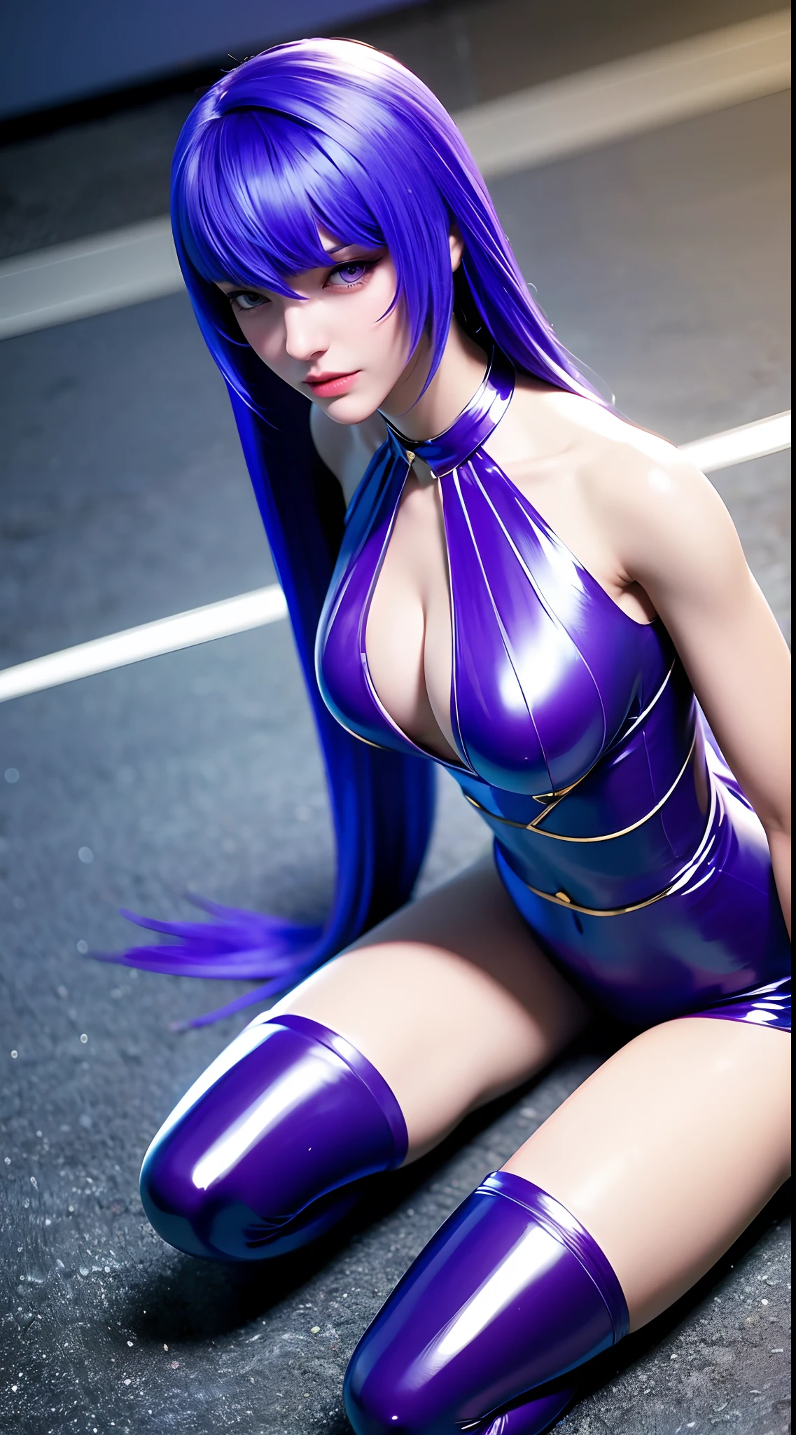 Allalyn in shiny purple cat suit sitting on the floor, latex shiny, wearing atsuko kudo latex outfit, wearing tight suit, smooth purple skin, Purple body, shiny metallic glossy skin, shiny plastic, futuristic glossy latex suit, shiny plastic armor, shiny glossy skin, tight full body suit, Wearing latex, shiny and metallic, Glowing purple, Glossy open one's legs M-shaped legs angry expressions sullenness), (long hair), (purple hair), ((purple eyes)),