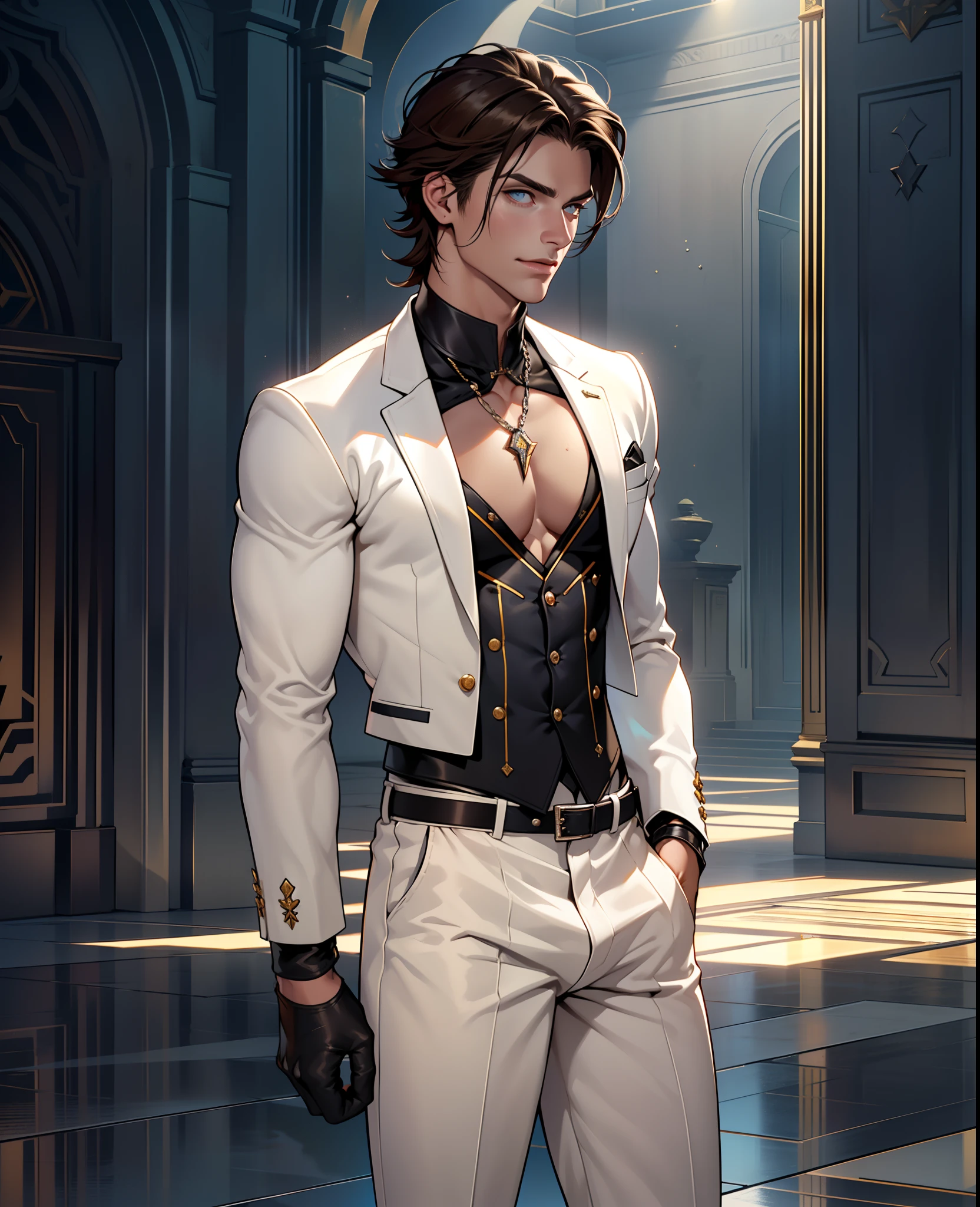 tmasterpiece，Best quality at best，Dadalya（Impacto Genshin），Luvas，Bowed muscles;，(white business suit，Gravata de uso casual）Bulging of the pectoral muscles，（（exposing pectoral muscles））luvas brancas，Abs，anatomia perfeita, textura da pele, cabelo escuro grosso buzzcut, Estrondo transparente, sobrancelhas claras, symmetrical eyebrow, grandes olhos brilhantes, symmetric eyes, formas quadradas, nariz grande e reto, boca fechada, double-edged polearm, ombros largos,white clothing, estiramento bdominal, encaixe apertado, colar de couro, camisa de gola stand-up, gravatas, colete, Jaqueta de couro branca brilhante engrossada aberta, Abdominais de oito pacotes, White Leather Mobile Phone Gloves, white trousers, cinto de couro, espalhando pernas longas e finas, A grande coluna tem 10 polegadas de comprimento，3 polegadas de largura, Erection, O grande，with testicles, masturbation, botas de couro de salto alto, sorriso suave, Handsome, poderoso, do lado da frente, Olhando para o Visualizador, dia, master part, best quality, hiper-detalhado, detalhes intrincados, fotografia profissional, Tapete, brilhante, the most beautiful ever seen, post process, dreamatic lighting, ambient lighting, Epic composition, tiro muito grande angular, iluminada, reflection traced by lightning, profundidade de campo, fundo lindo，Foco Masculino，1st grade，olhos vermelhos，luva preta，solo，brown hair，olhos amarelos，capa vermelha，cabelo entre os olhos，（（Virilha saliente）），sexy,(master part, best quality),（white business suit），auto-seguro，Divirta-se，grandes risos，Pantie branco