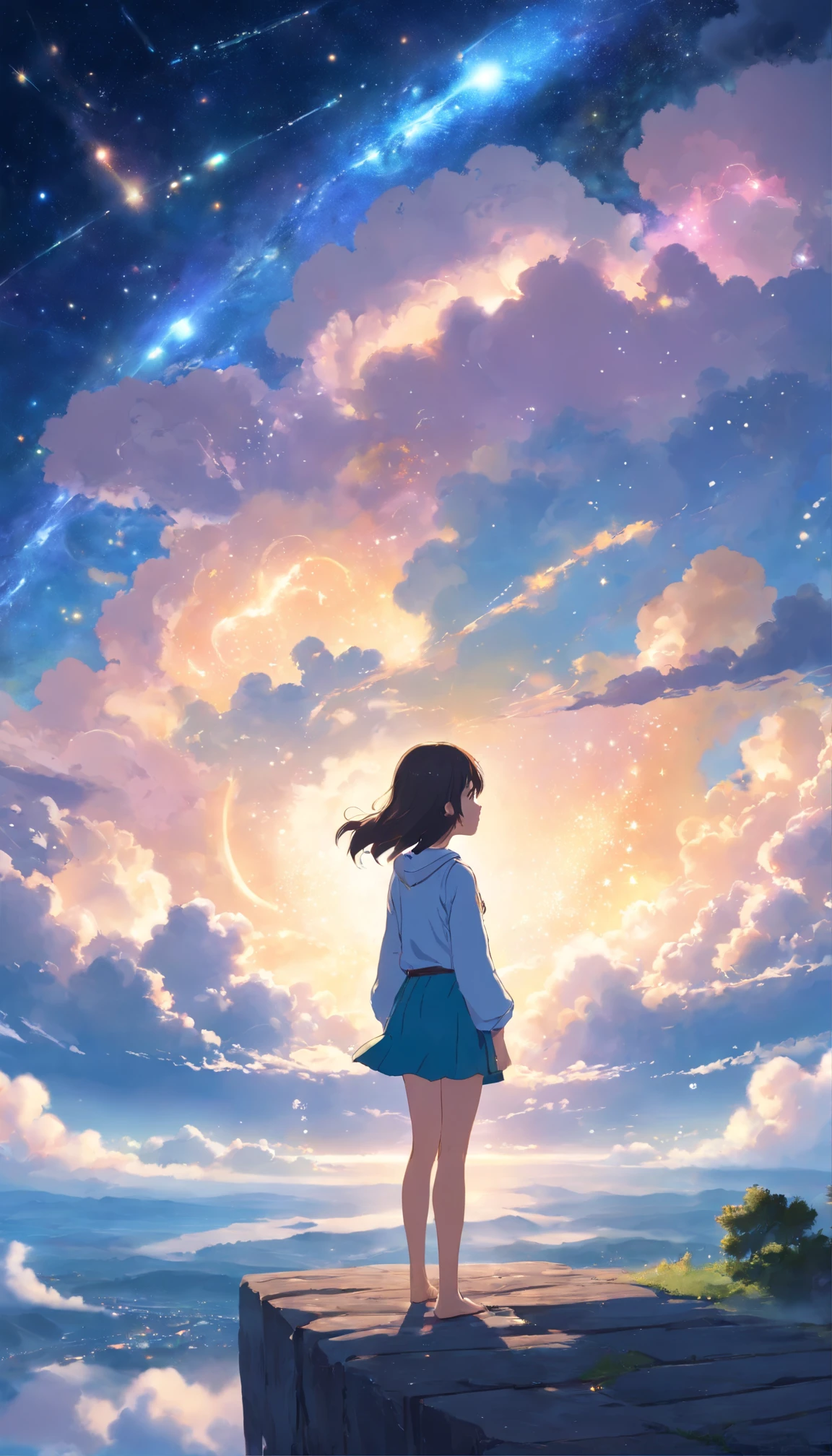 Step into a world of wonder and ethereal beauty, where reality and dreams intertwine. Visualize an awe-inspiring scene - a breathtaking view of A giant white hand among the clouds extended to the girl, shimmering brilliantly above a blanket of fluffy clouds. In the foreground, a young girl stands on a cloud, her silhouette poised against the celestial panorama. BREAK Describe the girl's stance as she gazes up at the vast expanse of twinkling stars, capturing her sense of awe and reverence. Explore the emotions evoked by the scene - a mix of wonder, curiosity, and a deep connection to the vastness of the universe. Consider the significance of this moment for the girl - is she contemplating her place in the cosmos, seeking solace or inspiration, or perhaps embarking on a celestial journey of her own? BREAK Craft a brief narrative or evoke a sense of atmosphere, using evocative language to emphasize the surreal and otherworldly nature of the scene. Explore the interplay between the tangible and the intangible - the solid cloud beneath her feet contrasting with the infinite expanse of stars above. Consider incorporating sensory details such as the soft touch of the cloud, the sound of distant celestial music, or the faint scent of stardust in the air.