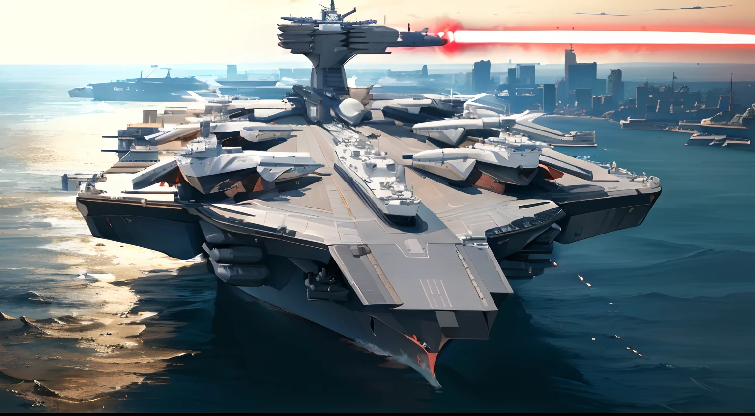 a close up of a large ship in the water with a red laser, aircraft carrier, realistic warship design, realistic military carrier, futuristic spaceship, futuristic starship, an iron man concept yacht, sci - fi spaceship in combat, scifi spaceship, aircraft carrier scene, military carrier rig, space ship above an island, science fiction spacecraft, lockheed concept art, futuristic spaceships