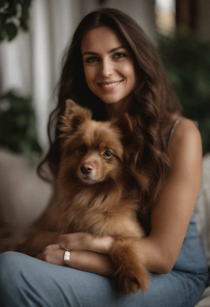 Woman with brown hair with german spitz on lap