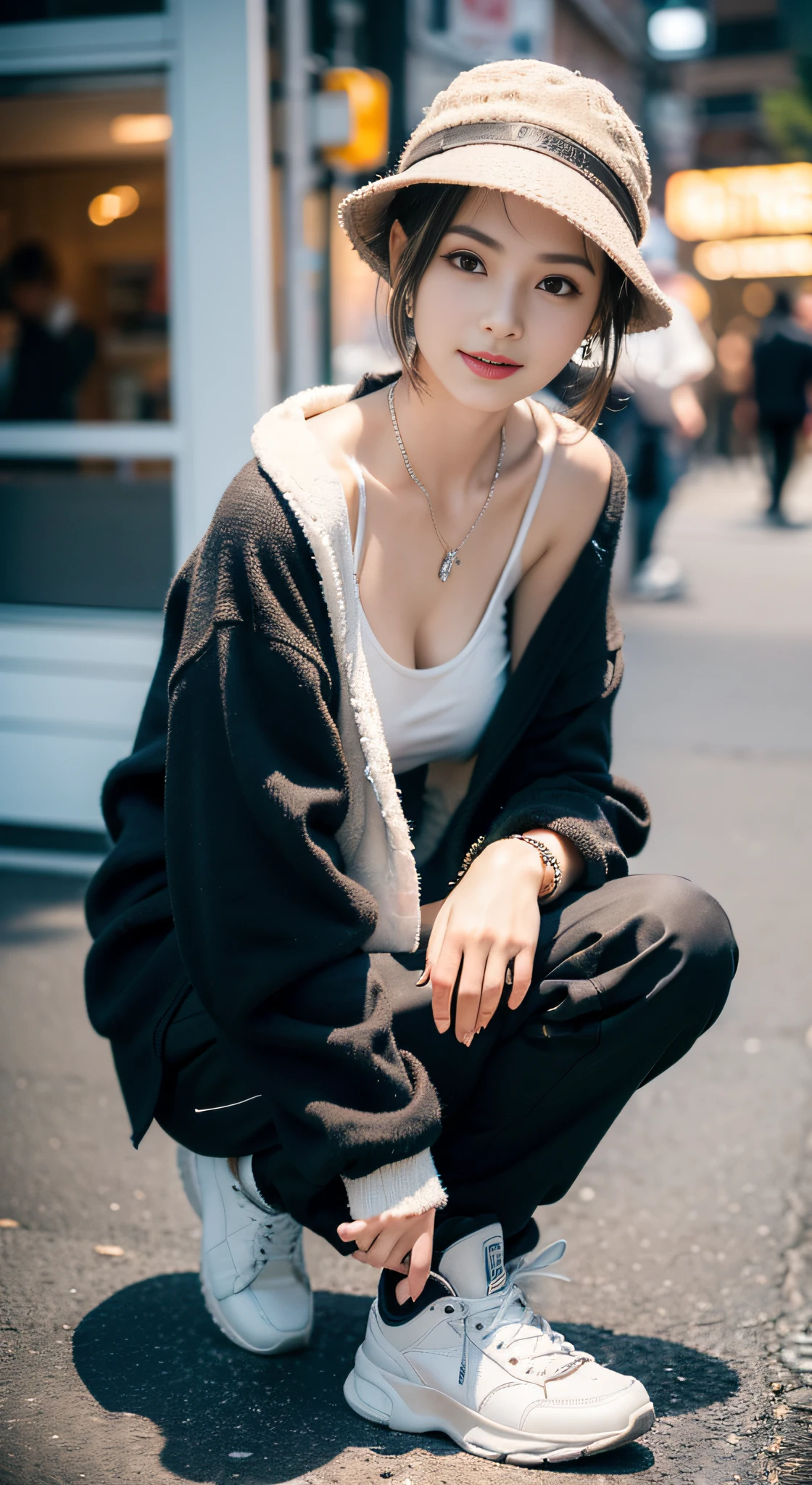 (((32K,very high res, high detailing, highly accurate,Masterpiece Girl 1:1.5))),Raw photo & realistic atmosphere,beautiful dark blue eyes,Detailed mouth,Glossy lips,Detailed eyebrows,Soft white skin that shines with every detail,,Eyes drawn in detail、Very beautiful eyes with azure eyes,Detailed lips、Very beautiful face,Very well-formed face、Lifelike face,shiny beautiful lips,Beautiful eyebrows,Infinite reality,Best design,(Insanely cute Japan 16-year-old high school girl,,Beautifully shaped breasts,Very cute beautiful girl,Little Girl,Healthy body,Outstanding style:1.5),Best Natural Makeup,Japanese ido,Korean Idols,Young sensual idol,Moist eyes,Dark Beautiful Deep Eyes,Beautiful butt,beauty legs,,camel's foot,:1.3),超A high resolution、,Natural and realistic face,Back lighting,Pure eyes are too cute,(((photorealisim,Photograph the whole body))),,Reality Live Action,(Fashionable earrings,,a necklace,A bracelet,gyuru,Glossy nail art,Women's Teens Street Winter Casual Fashion,Down coat,Black pants,white shoe,Hats,Calm and fashionable girl,light brown hair,short-hair,Ear Hair,独奏,little smiling,full body Esbian,Show full-body fashion,sitting cross-legs,Show me your white shoes, Only beauty young cute 15 year old girl,A rather petite and very cute 15-year-old girl:1.7),Night in Shibuya