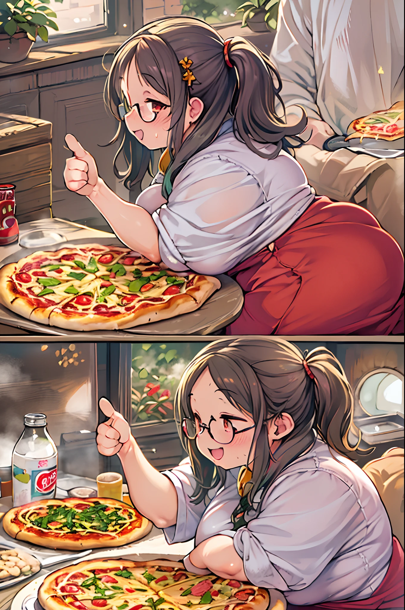 masutepiece, Best Quality, 1人、huge-breasted、bbw、Holding (Giant pizza slices)1.5、Thumbs up、huge smile、Plastic bottles of cola、