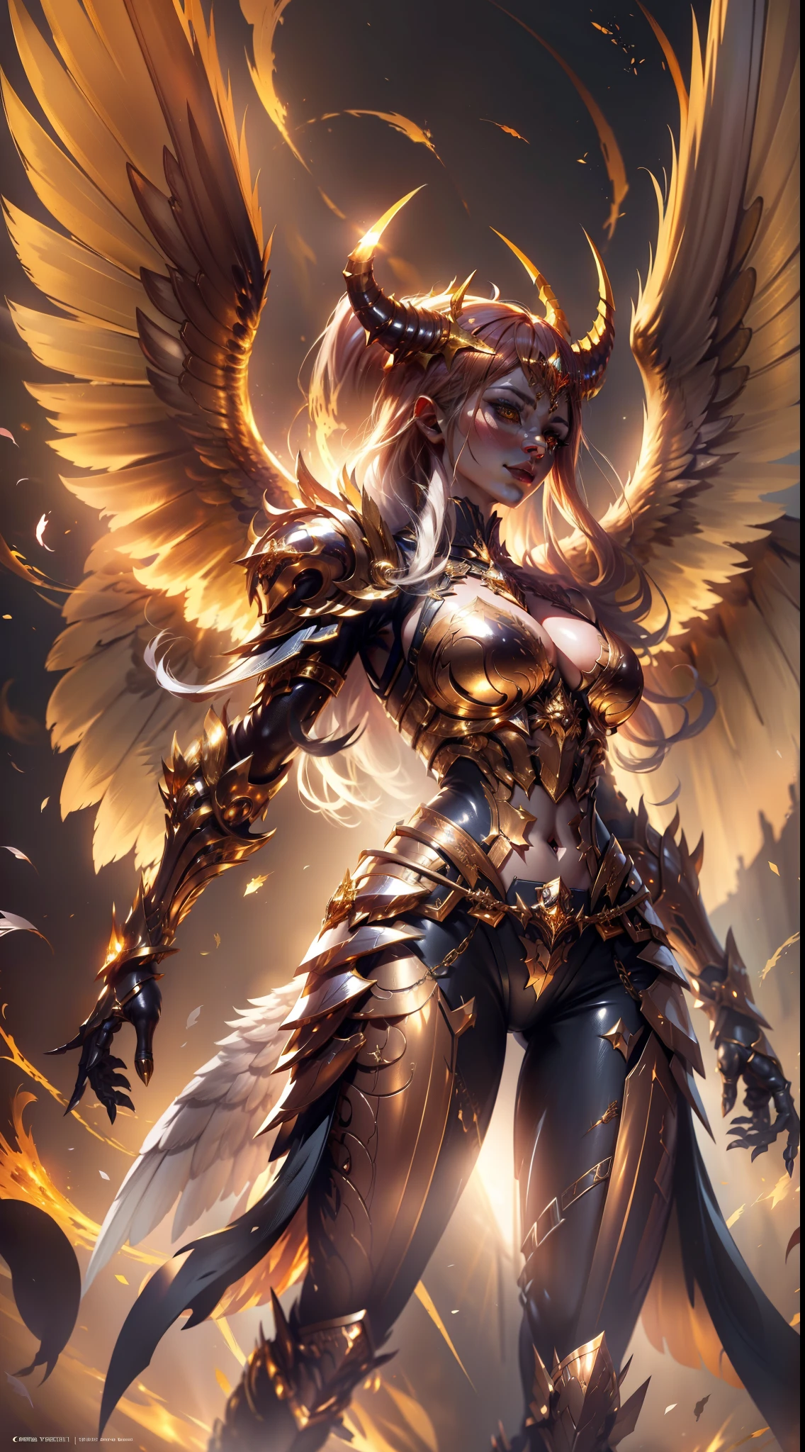 Golden armored demoness, wings made of energy, metal horns, gold, fantasy, concept art, ultra realistic, character art by greg rutkowski