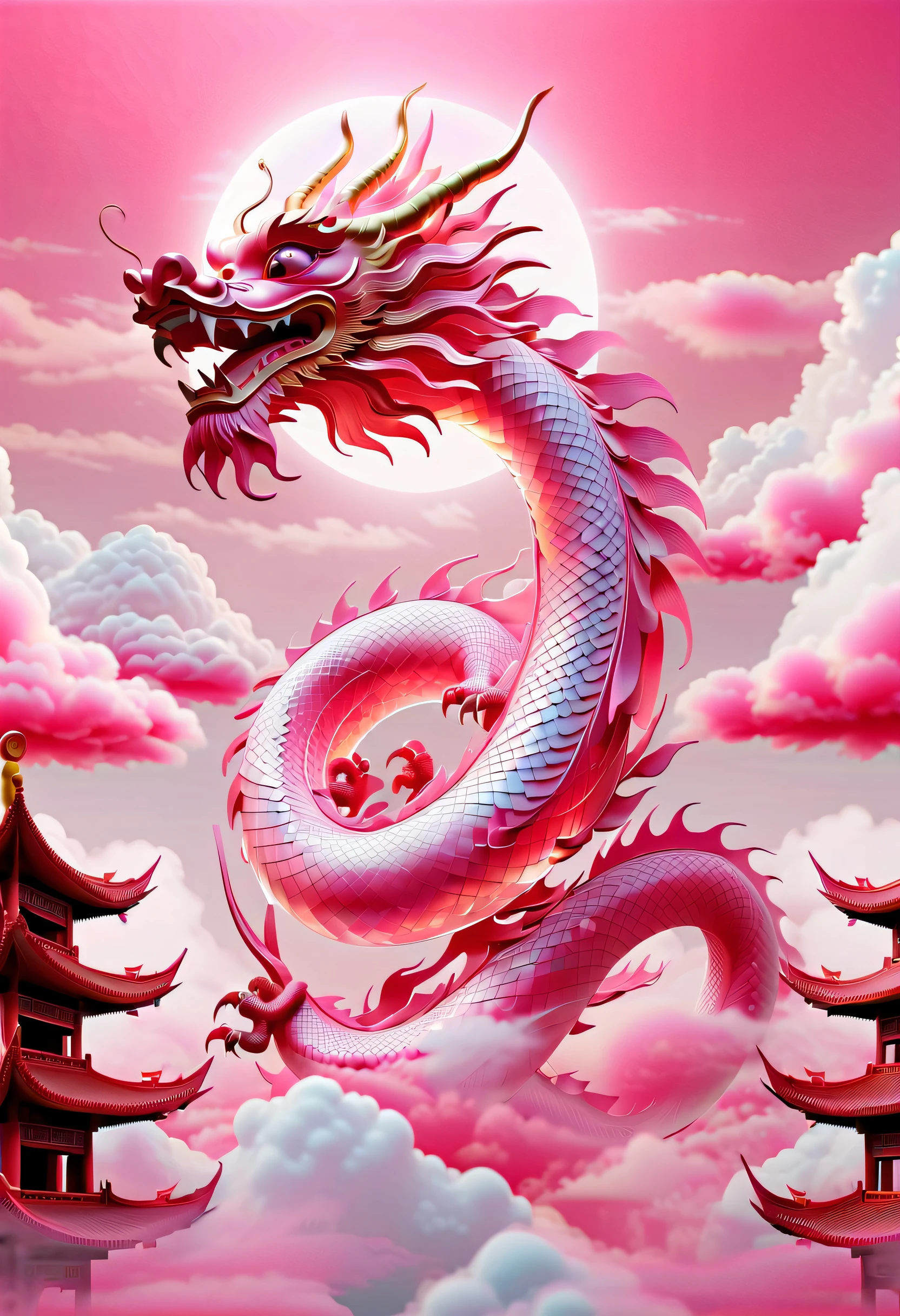 Pink translucent PVC,Illustration of China hovering in the sky,Clear eyes, Clear eyes and a beautiful pink Chinese dragon made of crystal ,In the style of ray tracing,translucent overlapping, polished metamorphosis ,Minimalism，Symmetrical,Fantastic installation,Realism,Three-dimensional，Cloud fog，Poster design，Reasonable composition，Festive atmosphere