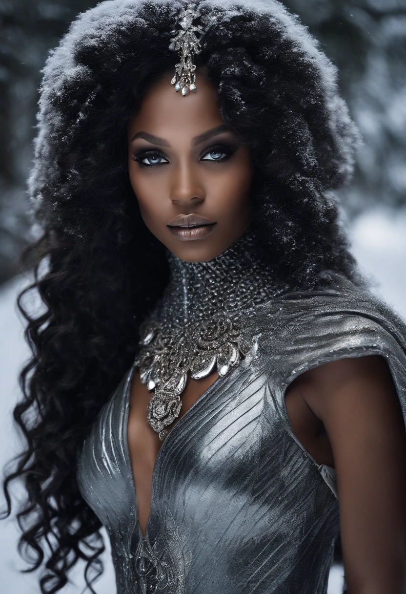 Um guerreiro negro de pele escura, com cabelo preto, olhos sombrios e uma cicatriz no olho esquerdo, em formato de um cristal de gelo, the result of his relationship with the icy element. Her dark skin and piercing eyes reflect her power and her leadership role among the Ice Warriors.