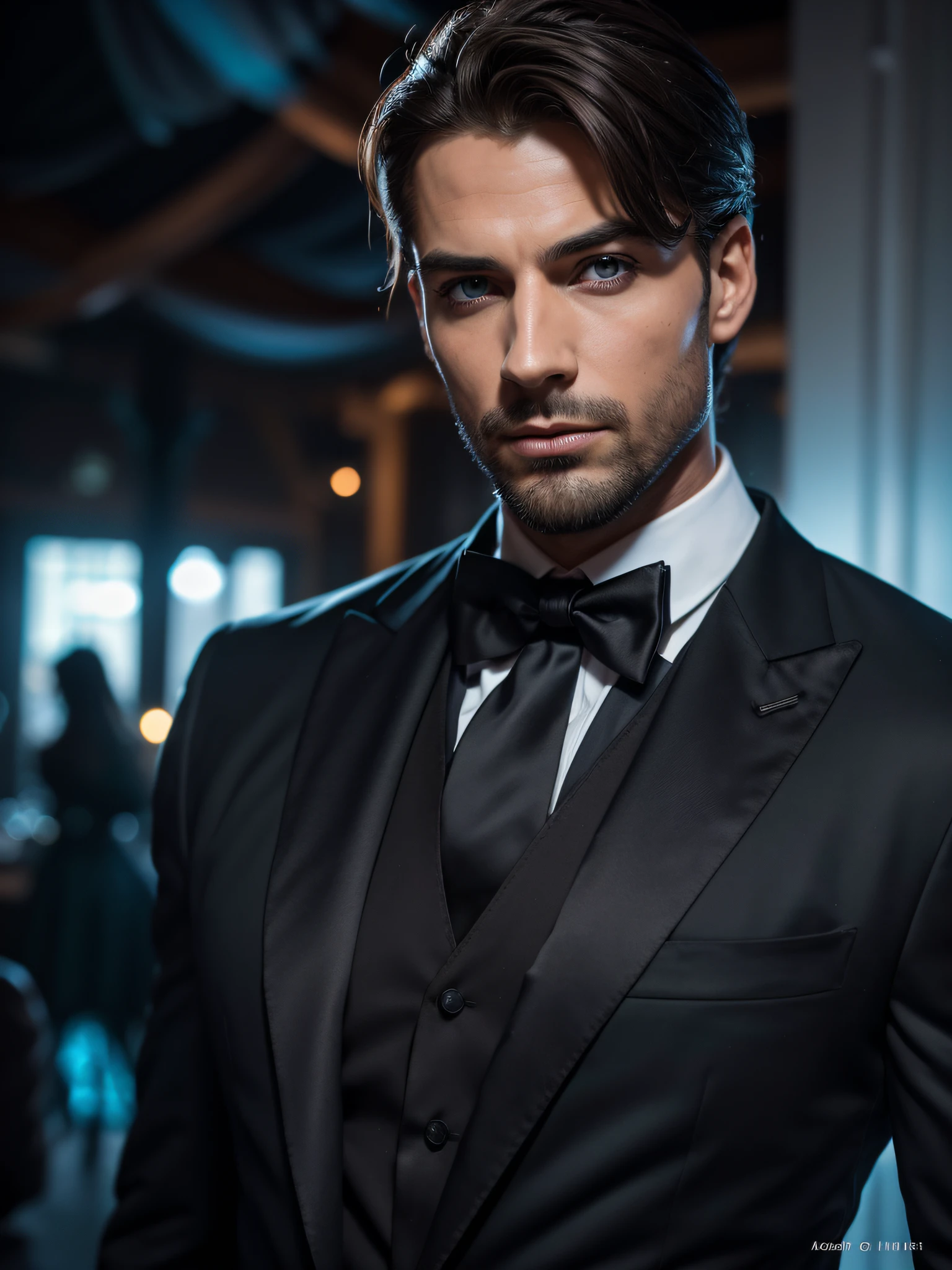 Photo professionnelle de l'ensemble du corps, (Photo 4K: 1.1), (mise au point nette: 1.3), High detail, Elegant and muscular man, Dressed in black pants, Black bow tie around the neck, Gants blancs, bare-chested and muscular, cheveux courts et bruns, Barbe brune, yeux bleu clair, Halloween, citrouilles sur le sol, Halloween Party, Pose of the Instagram model, anatomie parfaite, confiant et sexy, Perfect symmetry: 1.2, realistic face, Realstic: 1.5, visage parfait, content, confiant, Very detailed and dramatic, lighting cinematic, Lighting scene, soft lights