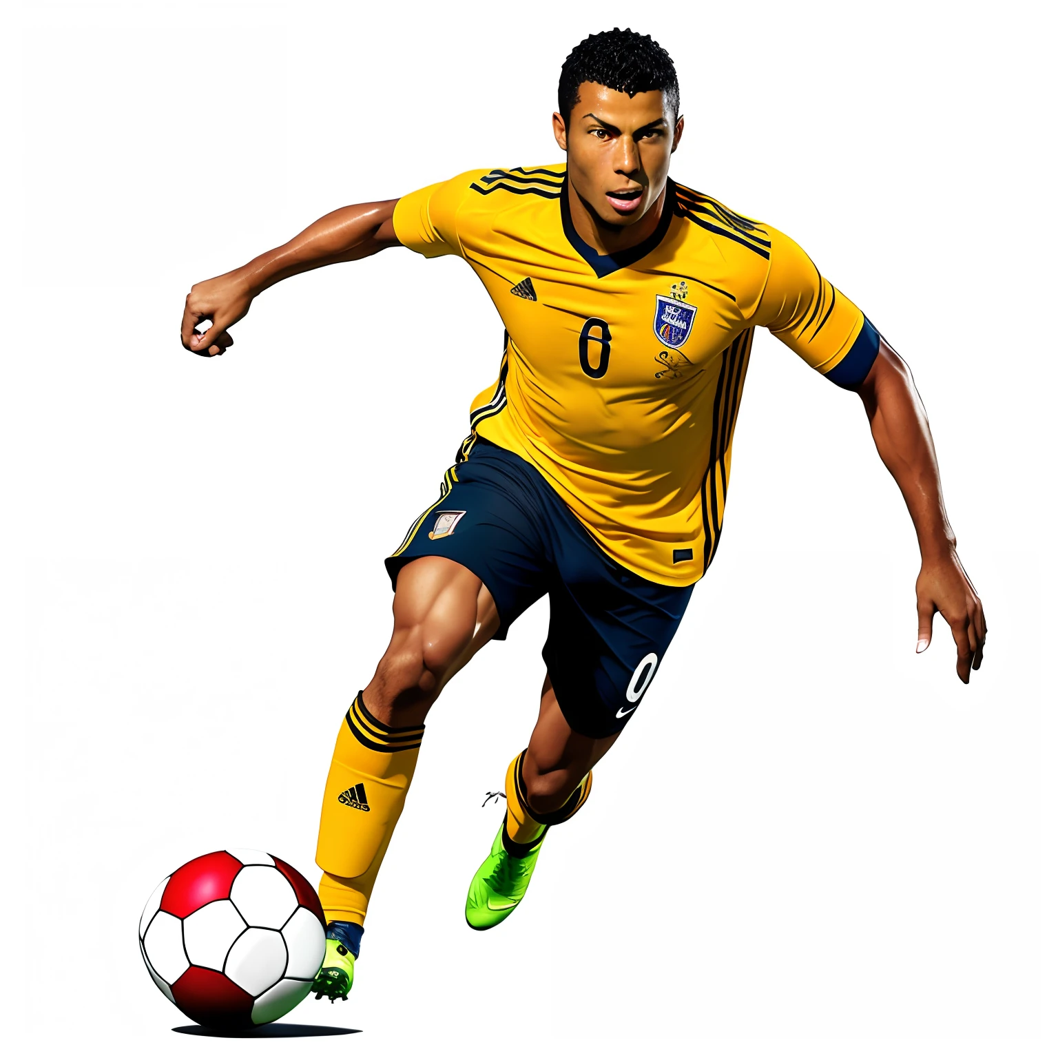 African araffe soccer player in action kicking the ball in the air, soccer player, football player, platon, soccer, playing soccer, portrait of pele, official artwork, sports photography, dribbling, cover shot, soccer player cristiano ronaldo, edited, uploaded, the best ever, football, sports, amazing graphics, dynamic action shot, sport,