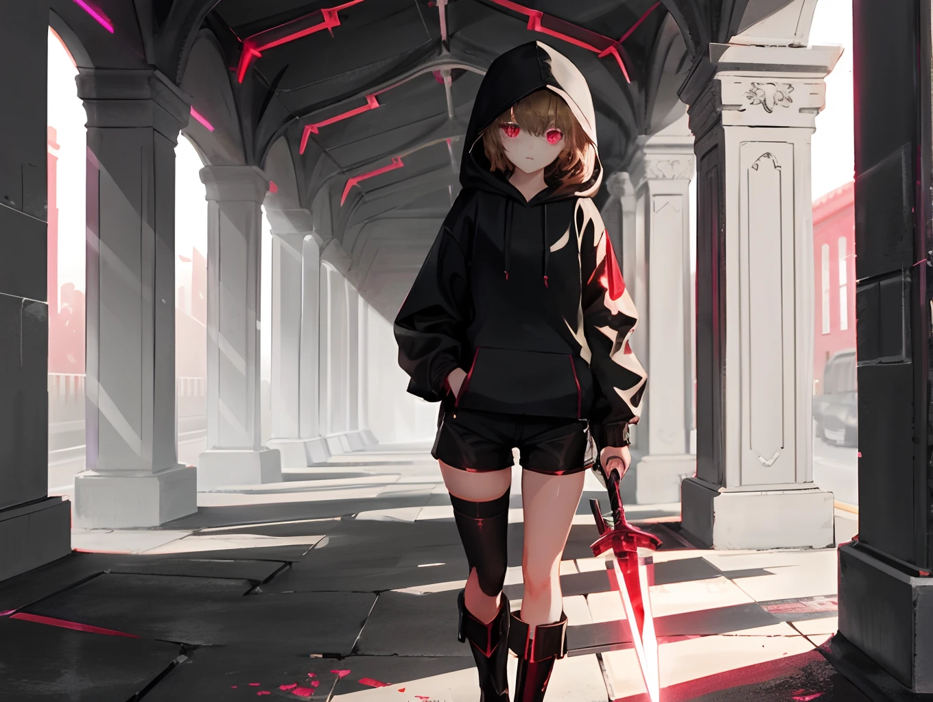 Dustshift chara faded green slightly torn up zipped up hoodie, hood up, thick shadow casted over them, brownish red booty shorts, black thigh highs, and red boots. Red glowing knife in hand. One red glowing eye, one purple glowing eye. Background with gray floor, gray brick walls, and pillars