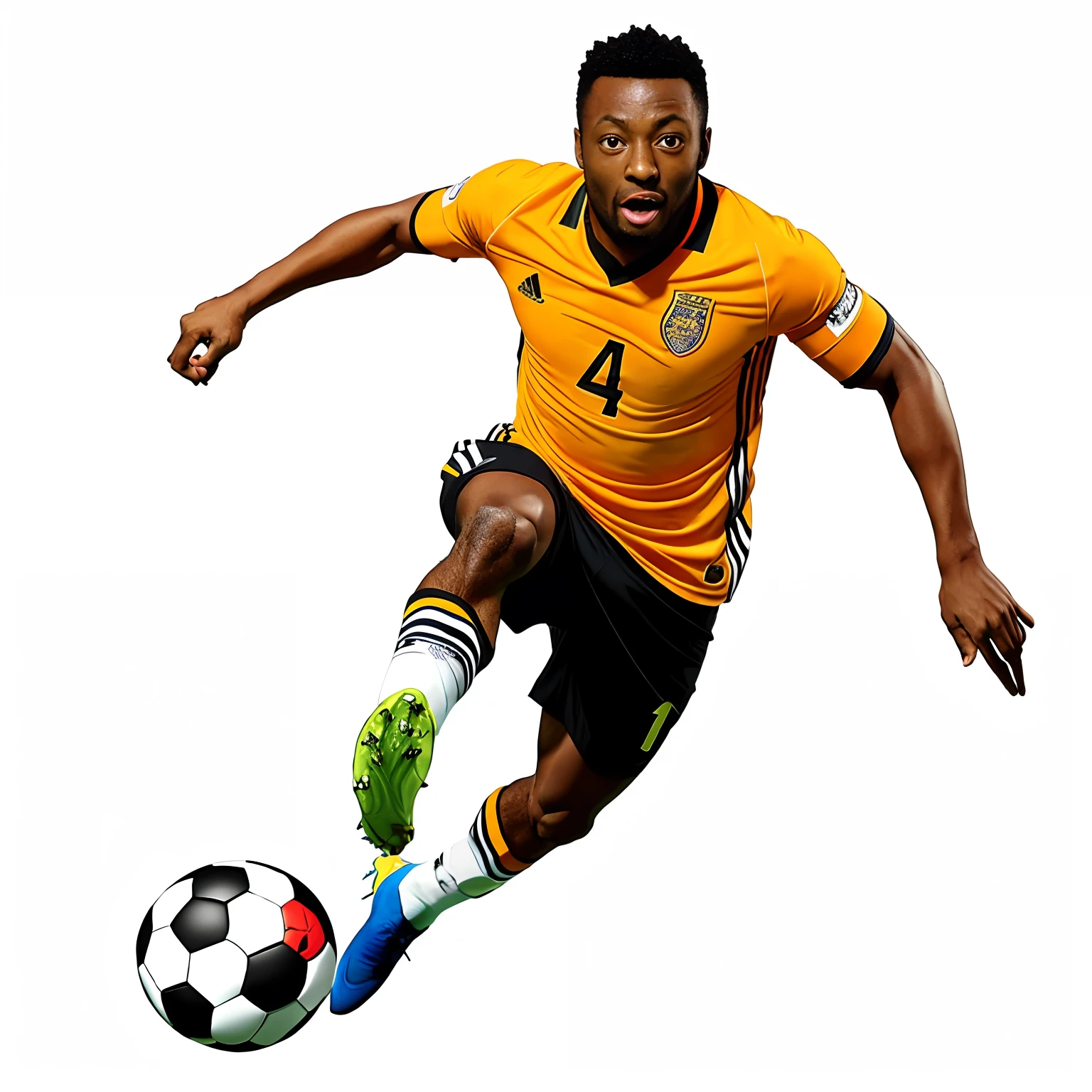African araffe soccer player in action kicking the ball in the air, soccer player, football player, platon, soccer, playing soccer, portrait of pele, official artwork, sports photography, dribbling, cover shot, soccer player Ahmed Musa, edited, uploaded, the best ever, football, sports, amazing graphics, dynamic action shot, sport,