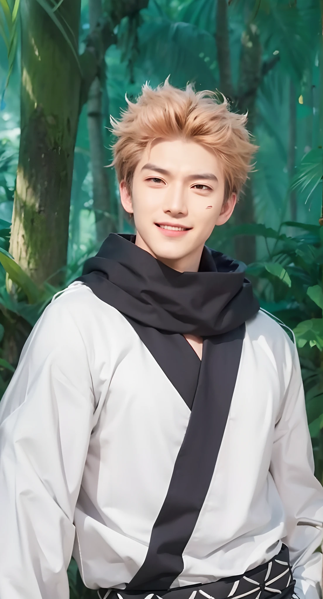 Real life adaption of this character, adult handsome face,looking to viewer, villain expression,realistic same hair ,realistic jungle with many grass background, hyper realistic, realistic light, realistic shadow, realism,(photorealistic:1.2),evil laughing expression