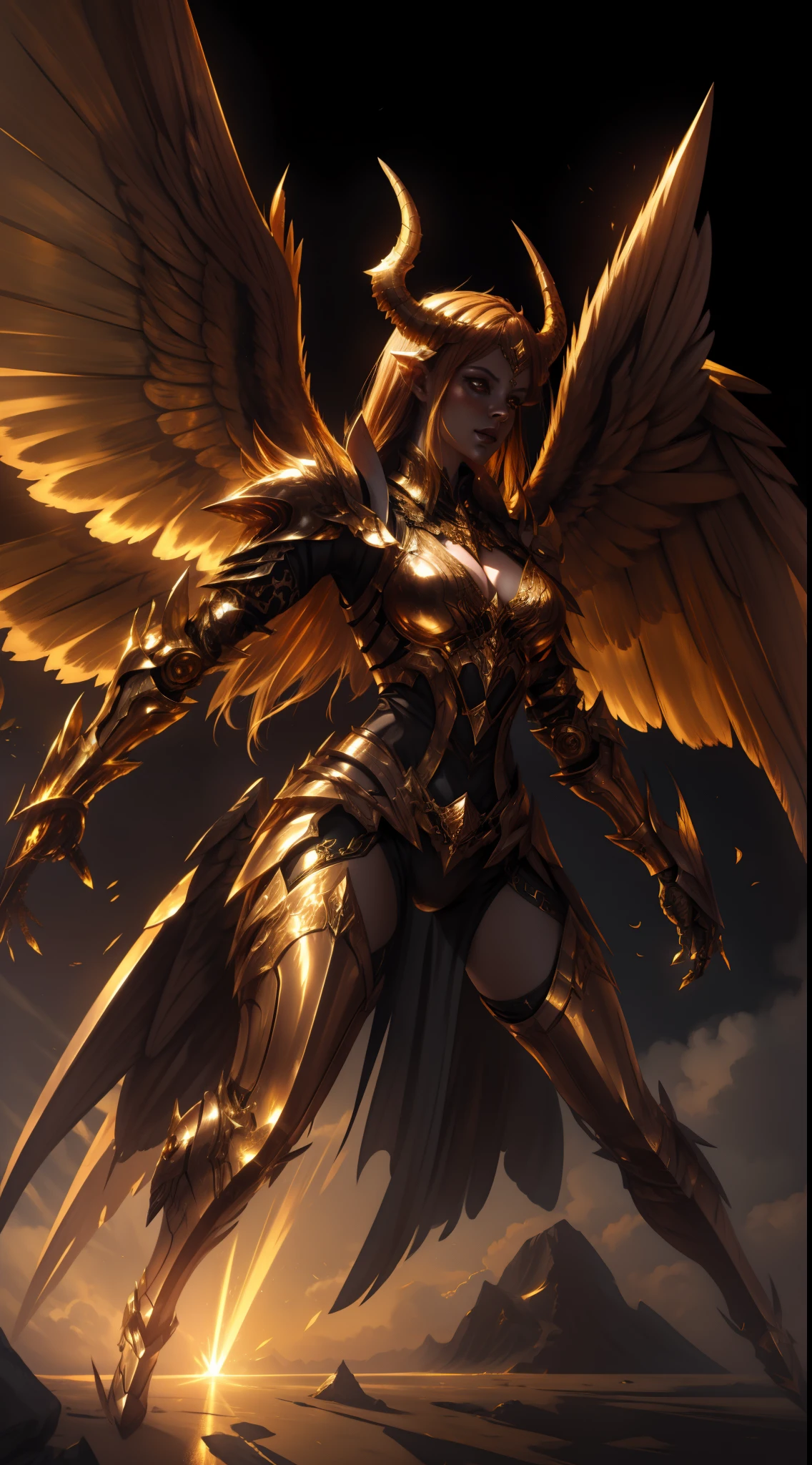 Golden armored demoness, wings made of energy, metal horns, gold, fantasy, concept art, ultra realistic, character art by greg rutkowski