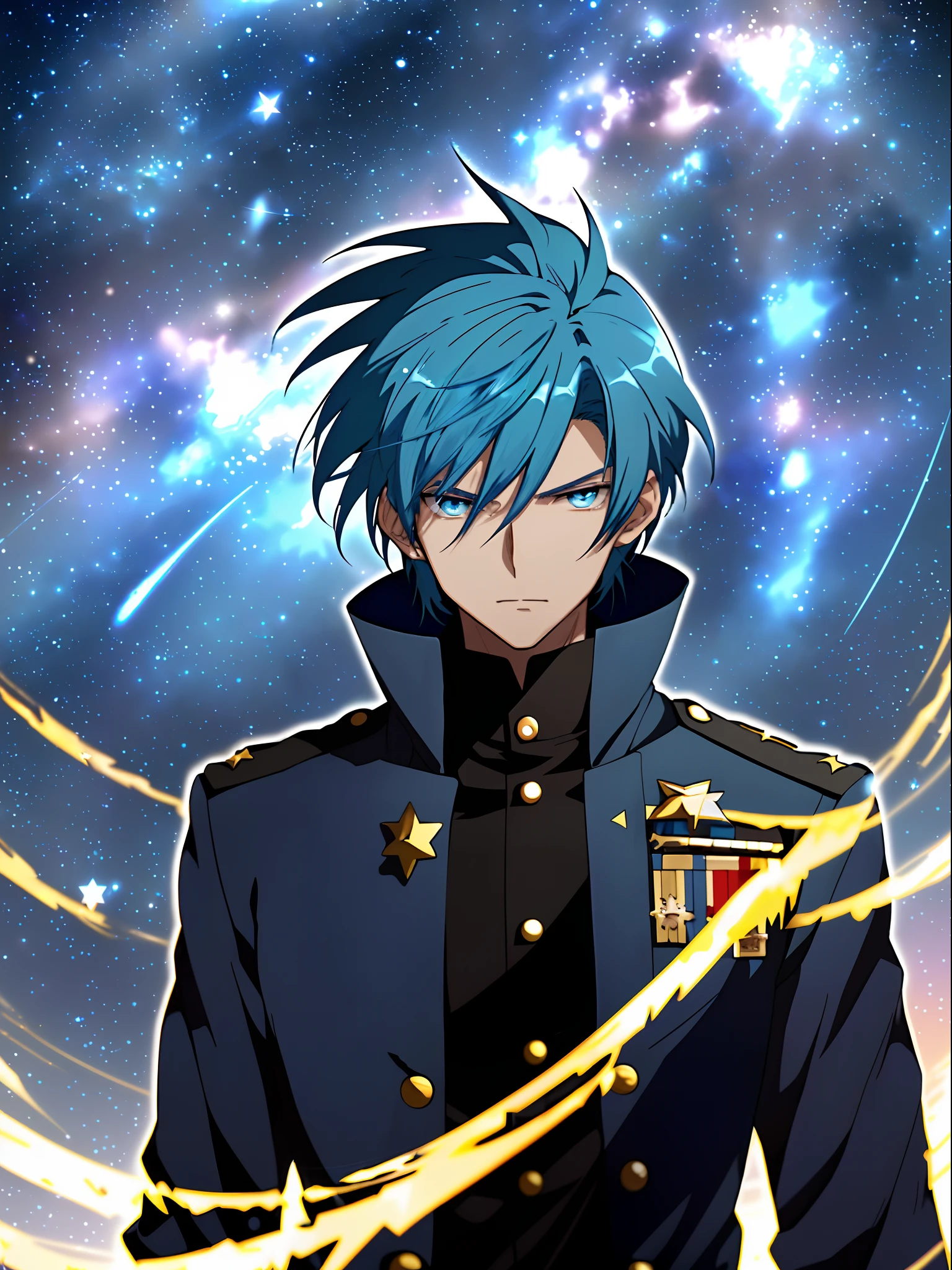 Anime - A stylistic image of a blue-haired man in a dark blue military uniform，Starry sky！Starlight，Starry sky，Desert at night，Key anime art，Tall anime guy with blue eyes，official anime still，Urano，key anime visuals，on a galaxy looking background，Starry sky，2 d anime style
