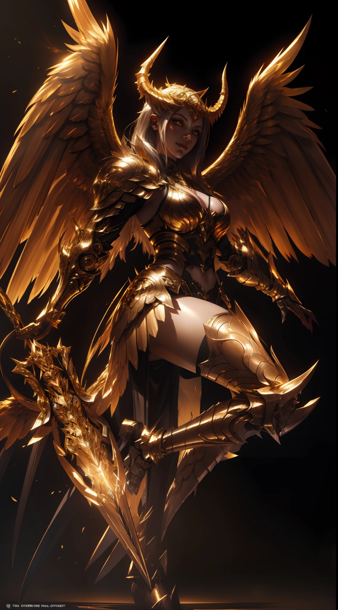 Golden armored demoness, wings made of energy, metal horns, gold, fantasy, concept art, ultra realistic, character art by greg rutkowski