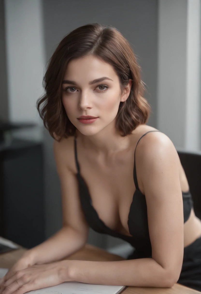 Real picture of a woman with short and wavy hairs, medium boobs, without shirt, mini skirt, sitting on a desk, open legs, dirty look, nsfw