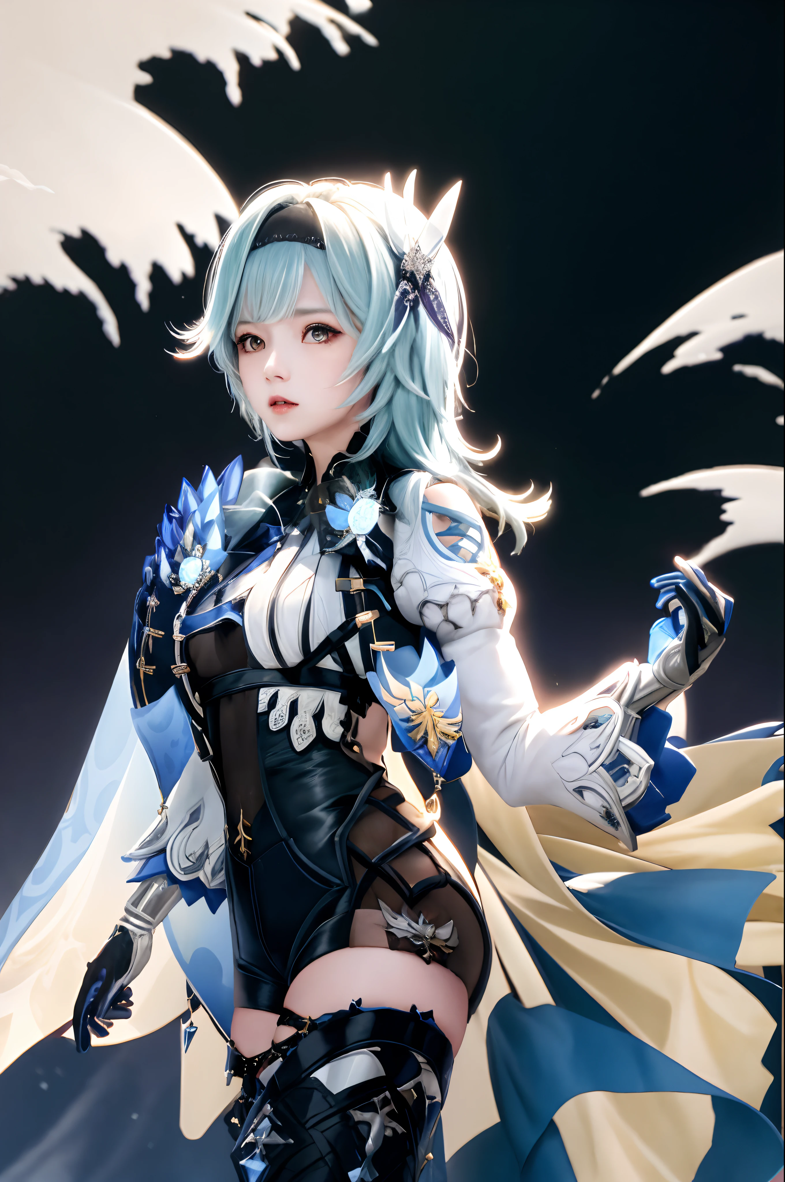 masutepiece, Best Quality, 8K分辨率、Raw photo、1girl in,eula \(GenshinImpact\),shairband,Blue hair,multicolored eyes,neck tie,Cape,eyesight \(GenshinImpact\),Leotard,Long sleeves,gloves,side locks,  black thighhighs, Dark iceberg in the background、snow blowing、Snowflakes dancing in the background、