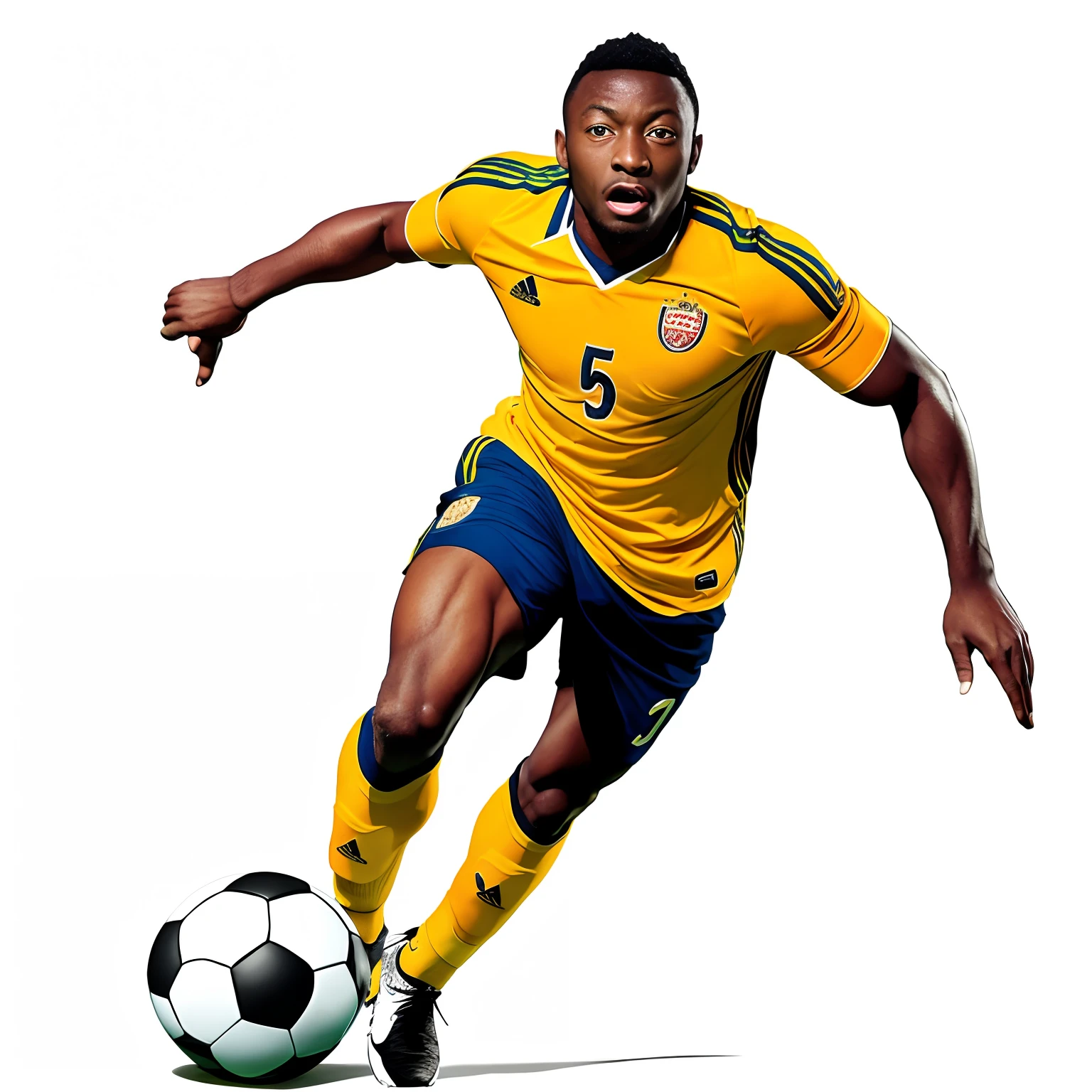 African araffe soccer player in action kicking the ball in the air, soccer player, football player, platon, soccer, playing soccer, portrait of pele, official artwork, sports photography, dribbling, cover shot, soccer player Ahmed Musa, edited, uploaded, the best ever, football, sports, amazing graphics, dynamic action shot, sport,