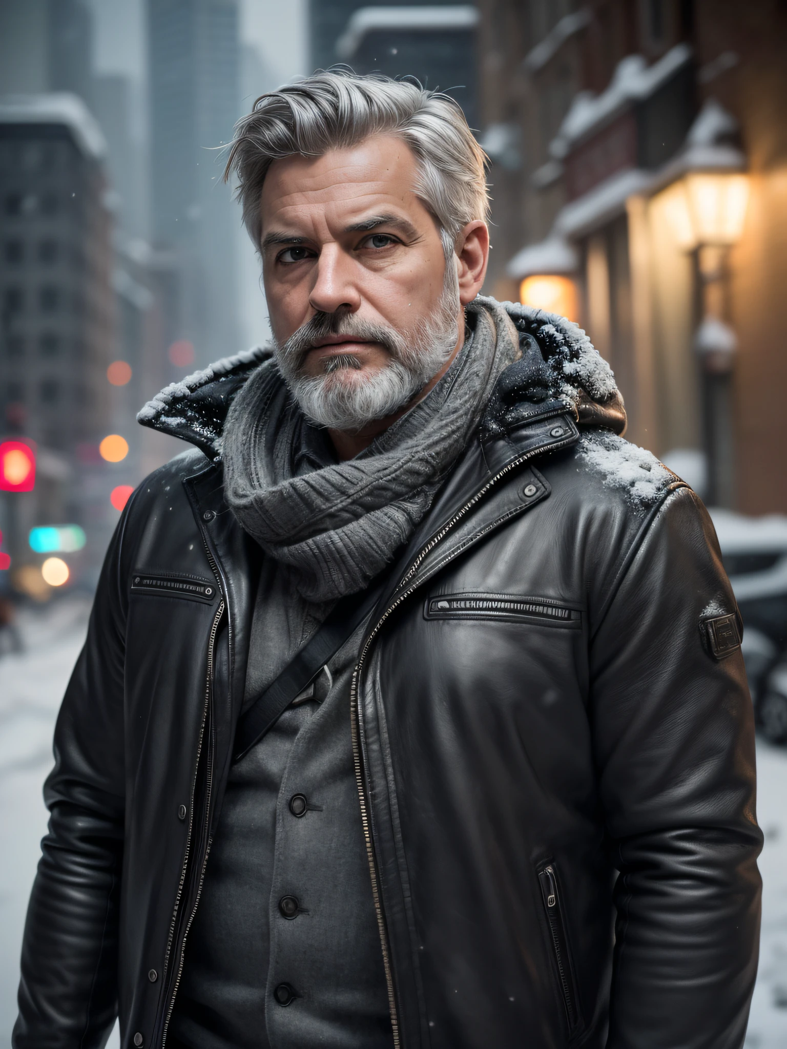 Realistic photograph, shot of the entire body of a dirty 30-year-old man, gray hair, gray beard, 50 mm f/1.4, HDR masterpiece, dramatic lighting, epic, hair in the wind, wearing leather, light snow, post-apocalyptic city, year 2590