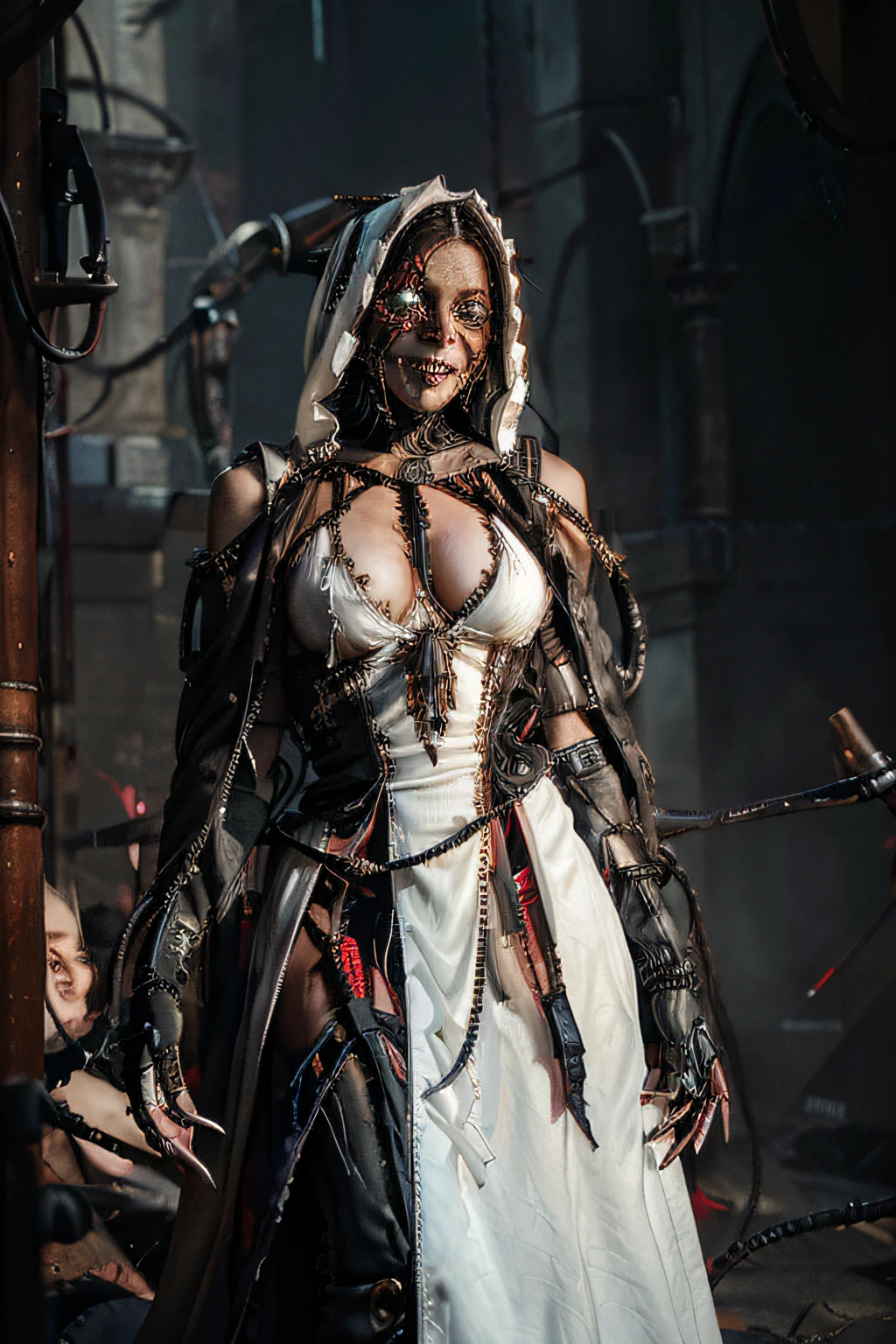 face_portrait, crude, mechanical, adult_female, white, evil, sinister, evil_smile, bewildered_eyes, mechanical_eyes, white_colored_robes, bloodstained_robes, nun_habit wires_through_face, wires_in_head, wires_across_head, stitches_across_face, mechanical_arms