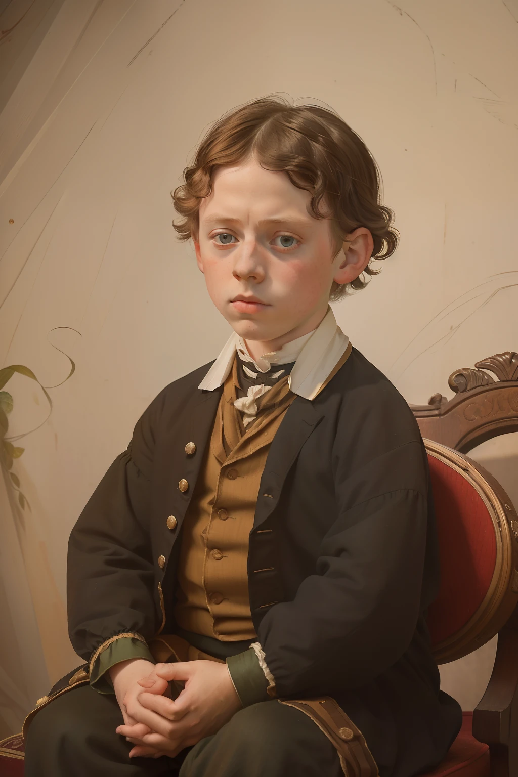 year: 1849. Location: Illinois. Pre-Raphaelite scene with a 6-year-old George MacKay, little boy, (((measles, red rashes))), ((((Clothing from the 1840s)))) ((Hairstyle of the 1840s)), ((("OMITB" cinematography)))