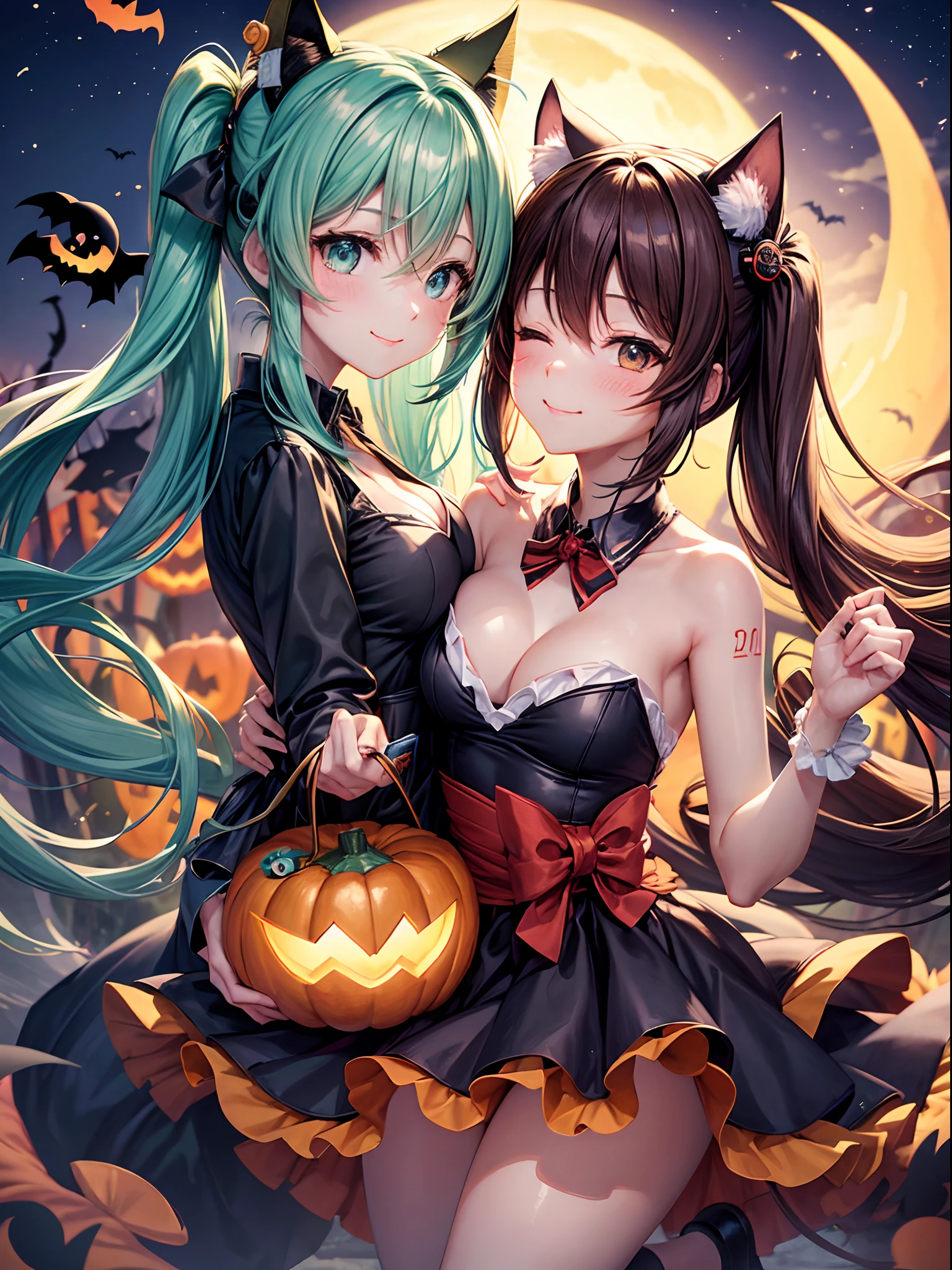 masterpiece
Bob Cat, Floating hair, Brown hair,, Light blush, Anime, Anime style, 4K, Textured skin, Super Detail, Best Quality, prize
Hatsune Miku、Blue-green hair、long twintail、Halloween Pumpkin Headgear、Bats around、moonlit nightscape、cleavage of the breast、Bad face、Magic Circle in the Hand, put index finger on mouth、Small top hat、Holding a swirl candy in your hand、Face of seduction、Pumpkin hair fasteners、Kiss Face、Candytos、Close your eyes and smile、Punching Figures、Candy Hair Fastener、Happy Halloween Logo、Peeping、Kamimei、Tie the seal like a ninja