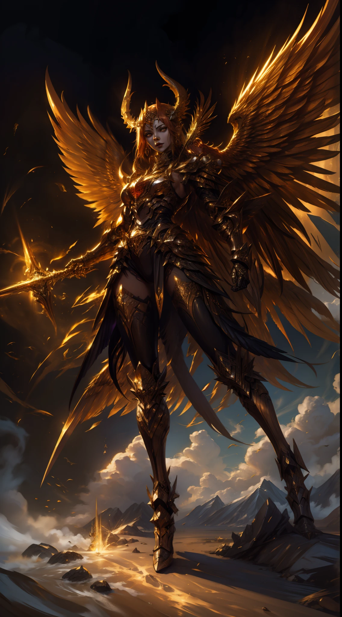 Golden armored demoness, wings made of energy, metal horns, gold, fantasy, concept art, ultra realistic, character art by greg rutkowski