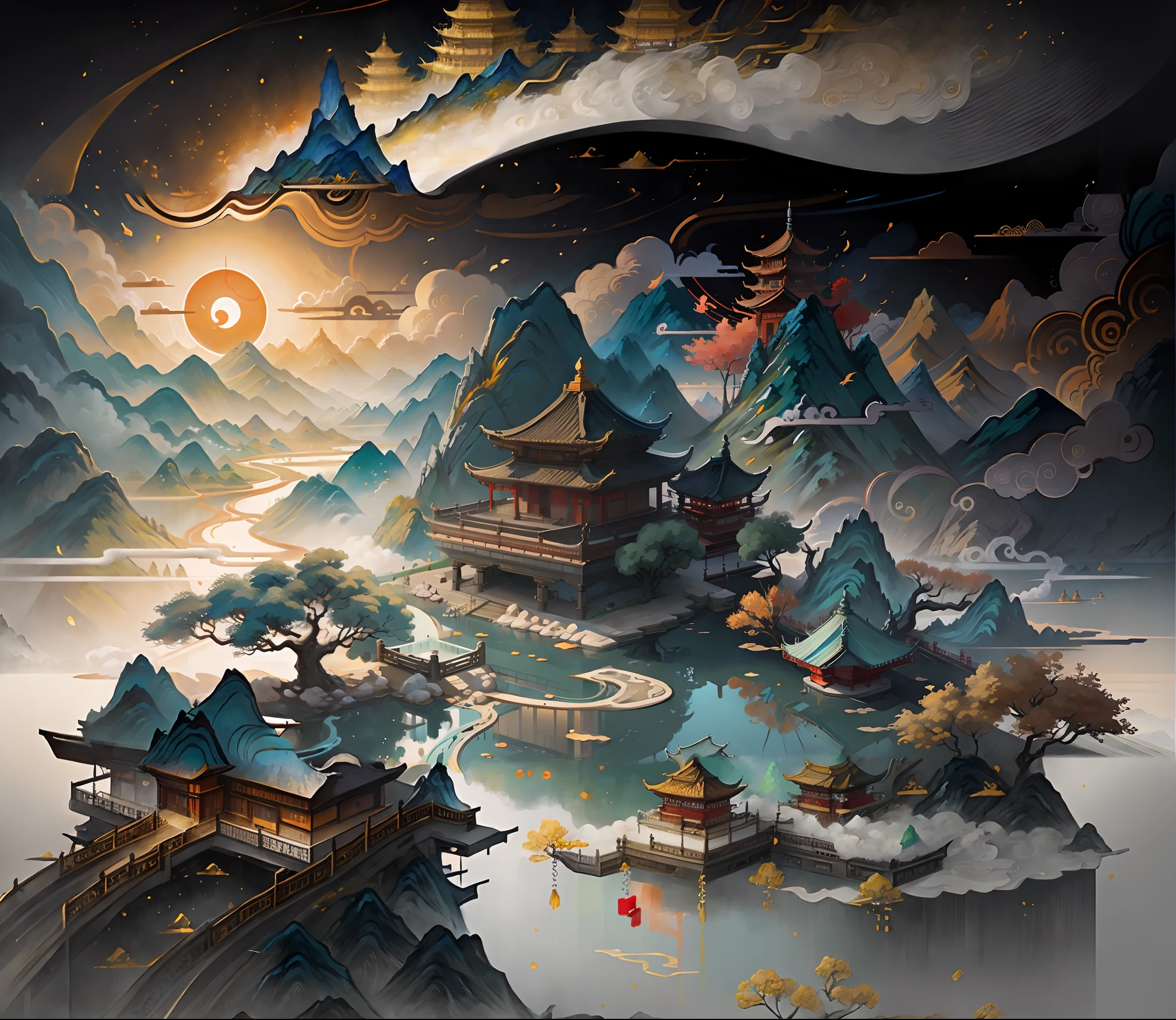 There is a painting of a mountain,There is a pagoda and a lake, 4k highly detailed digital art, G Liulian art style, 8K high quality detailed art, 4K detailed digital art, cyberpunk chinese ancient castle, A beautiful artwork illustration, dreamy Chinese towns, 4 k highly detailed art, very detailed digital painting, Detailed digital 2D fantasy art