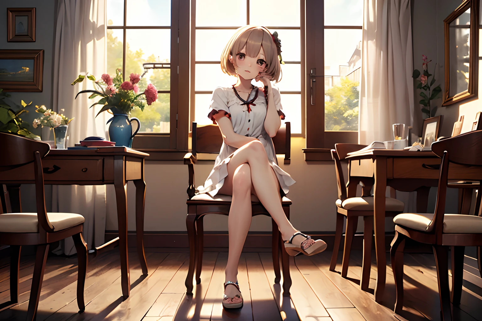 ((Best quality)), ((Ultra-detailed)), ((Masterpiece)), ((very fine 8KCG wallpapers)), ((very fine 8KCG wallpaper)), 1girll, kawaii，Sit in a chair，legs crossed