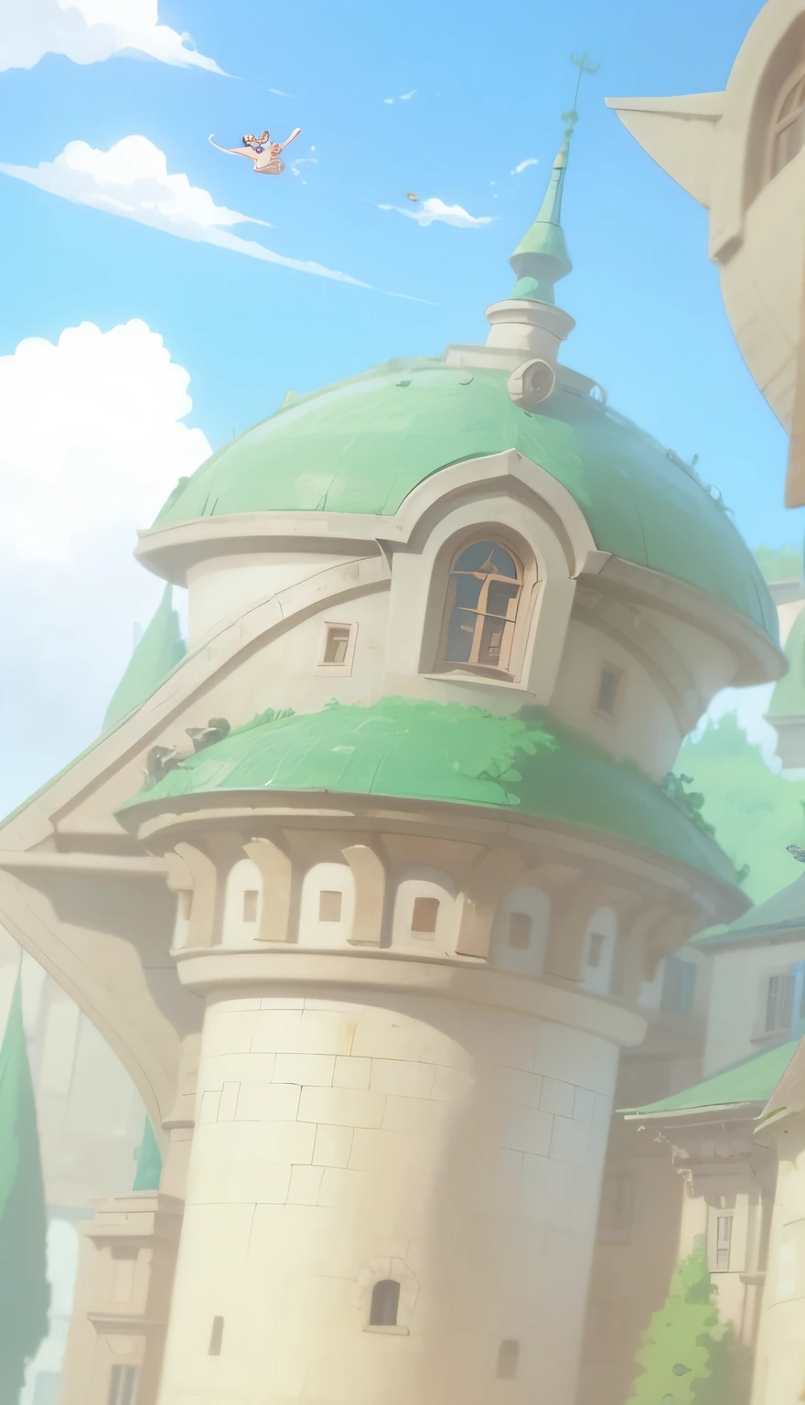 a picture taken from the ground of a cartoon castle with a flying girl, castle in the sky style, castle in the sky, miyazaki's animated film, studio ghibli and shinkai makoto, ghibli animated film, ghibli film, miyazaki film, studio ghibli movie, in style of studio ghibli, studio ghibli sky, studio ghibli anime