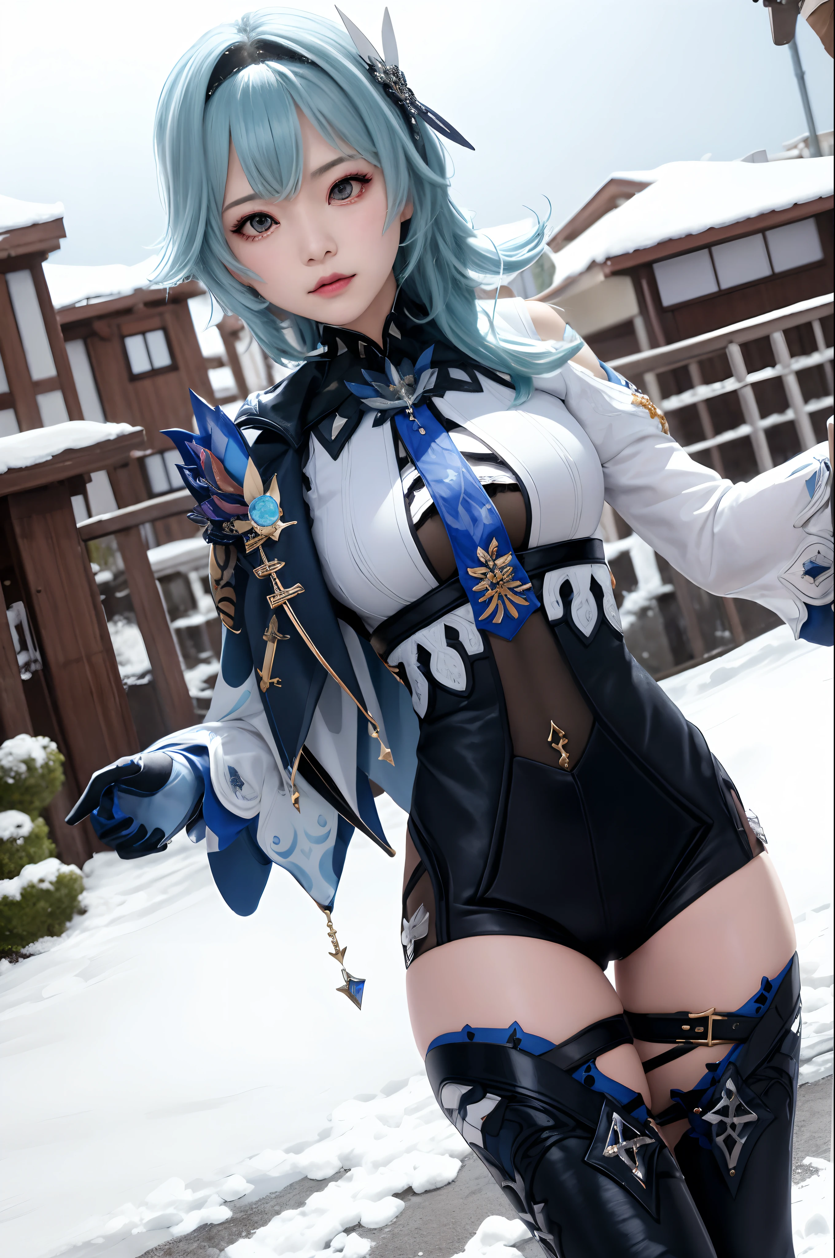 masutepiece, Best Quality, 8K分辨率、Raw photo、1girl in,eula \(GenshinImpact\),shairband,Blue hair,multicolored eyes,neck tie,Cape,eyesight \(GenshinImpact\),Leotard,Long sleeves,gloves,side locks,  black thighhighs, Dark iceberg in the background、snow blowing、Snowflakes dancing in the background、