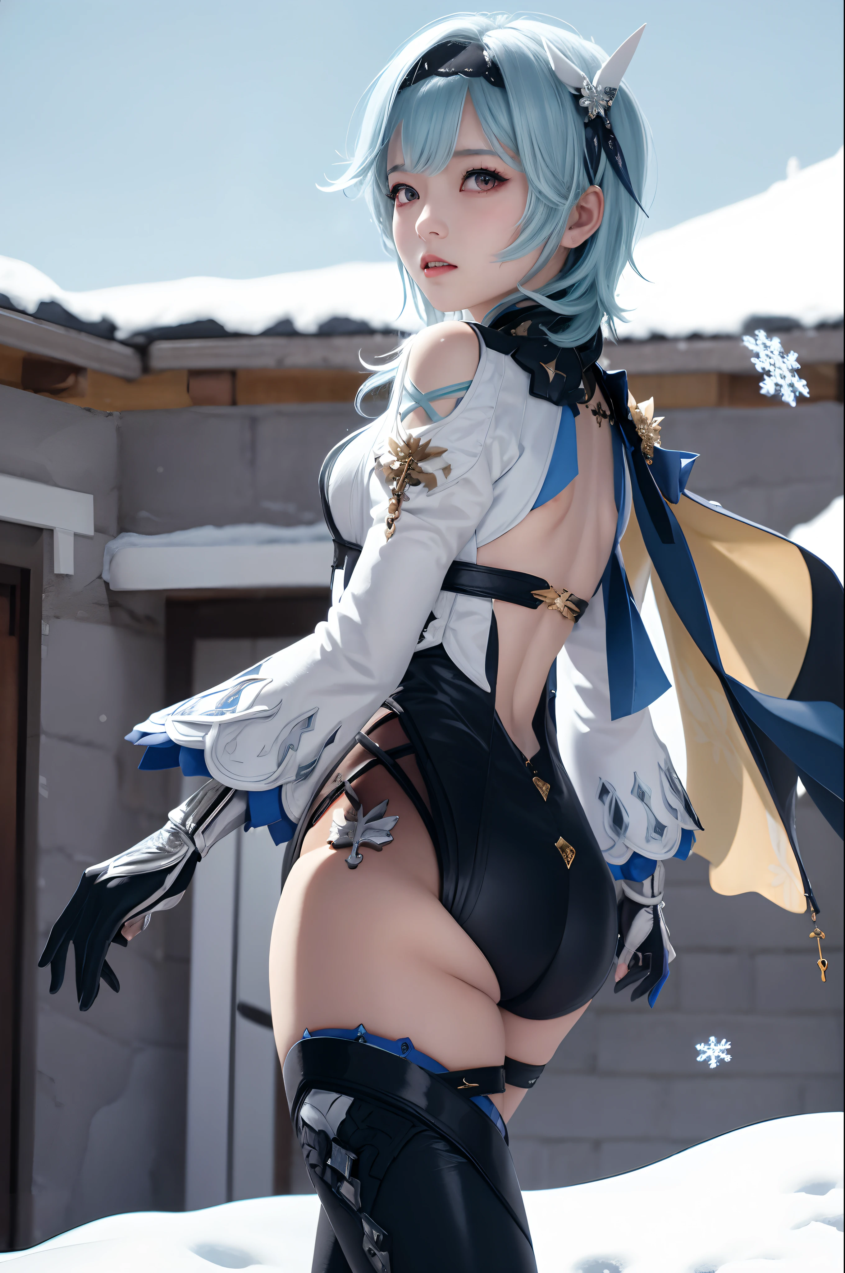 masutepiece, Best Quality, 8K分辨率、Raw photo、1girl in,eula \(GenshinImpact\),shairband,Blue hair,multicolored eyes,neck tie,Cape,eyesight \(GenshinImpact\),Leotard,Long sleeves,gloves,side locks, black thighhighs, Dark iceberg in the background、snow blowing、Snowflakes dancing in the background、