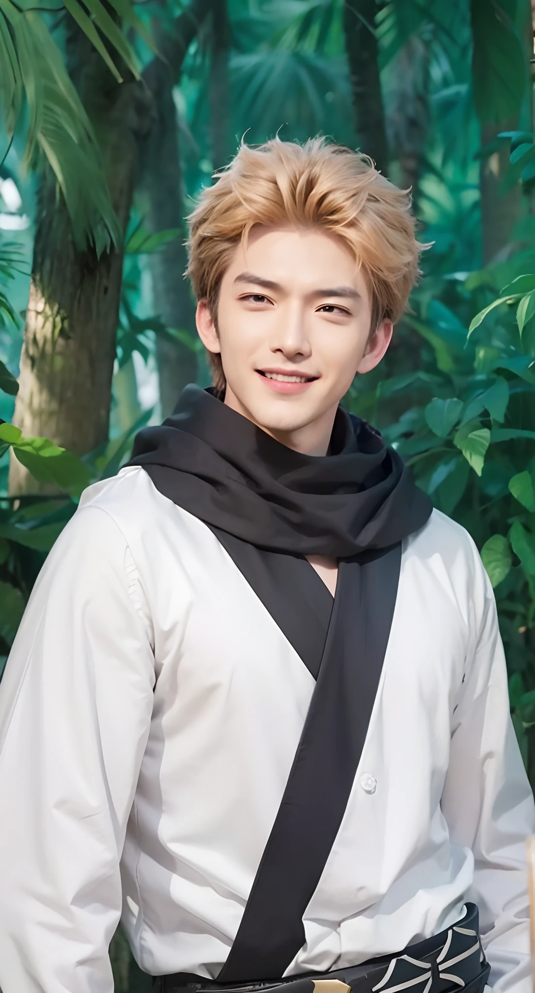 Real life adaption of this character, adult handsome face,looking to viewer, villain expression,realistic same hair ,realistic jungle with many grass background, hyper realistic, realistic light, realistic shadow, realism,(photorealistic:1.2),evil laughing expression